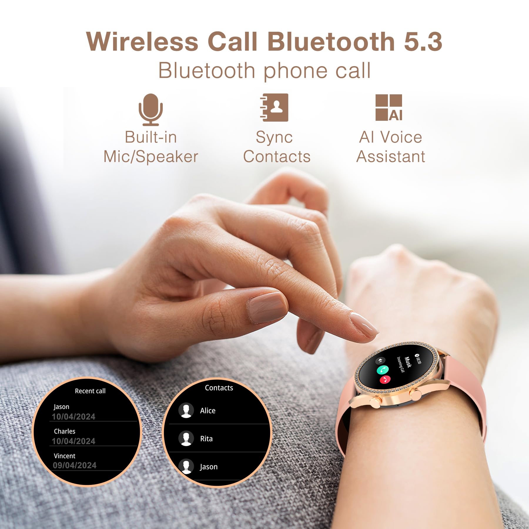 Bribejat Smart Watch For Women Answer/Make Call, Hd 1.27 Aluminum Alloy Case With Diamonds Smartwatch, Waterproof Fitness Trac