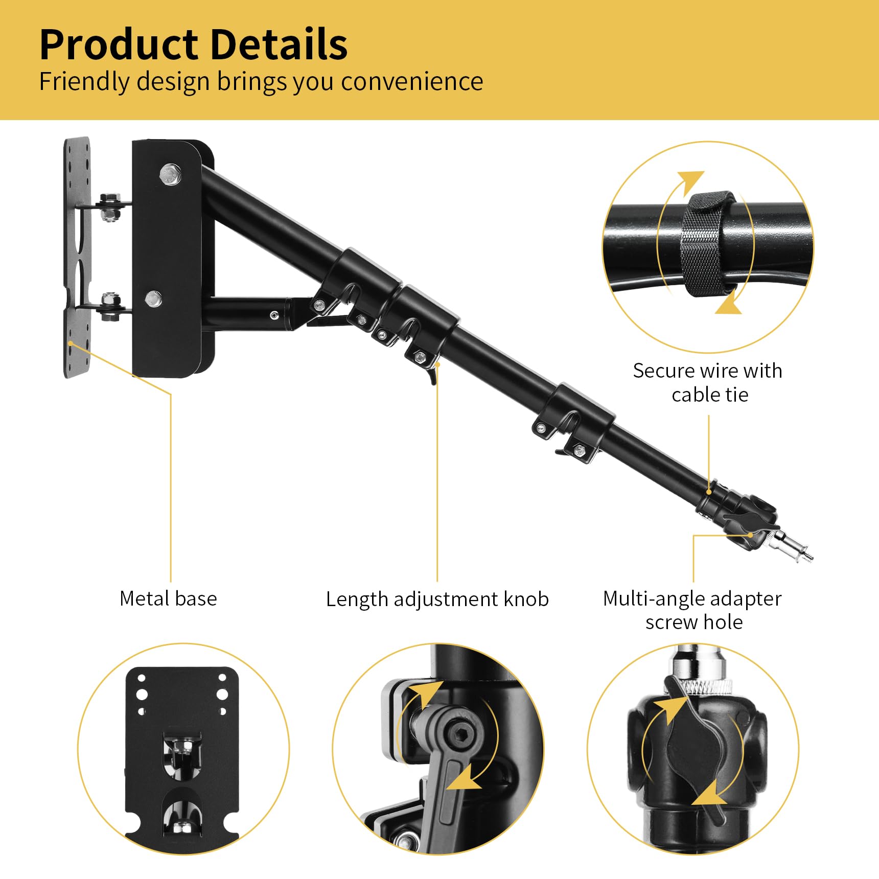 Meking Ring Light Wall Mount Boom Arm 39.37Inch/100Cm, For Strobe Light, Photography, Softbox, Reflector, Support 180 Degree Rot