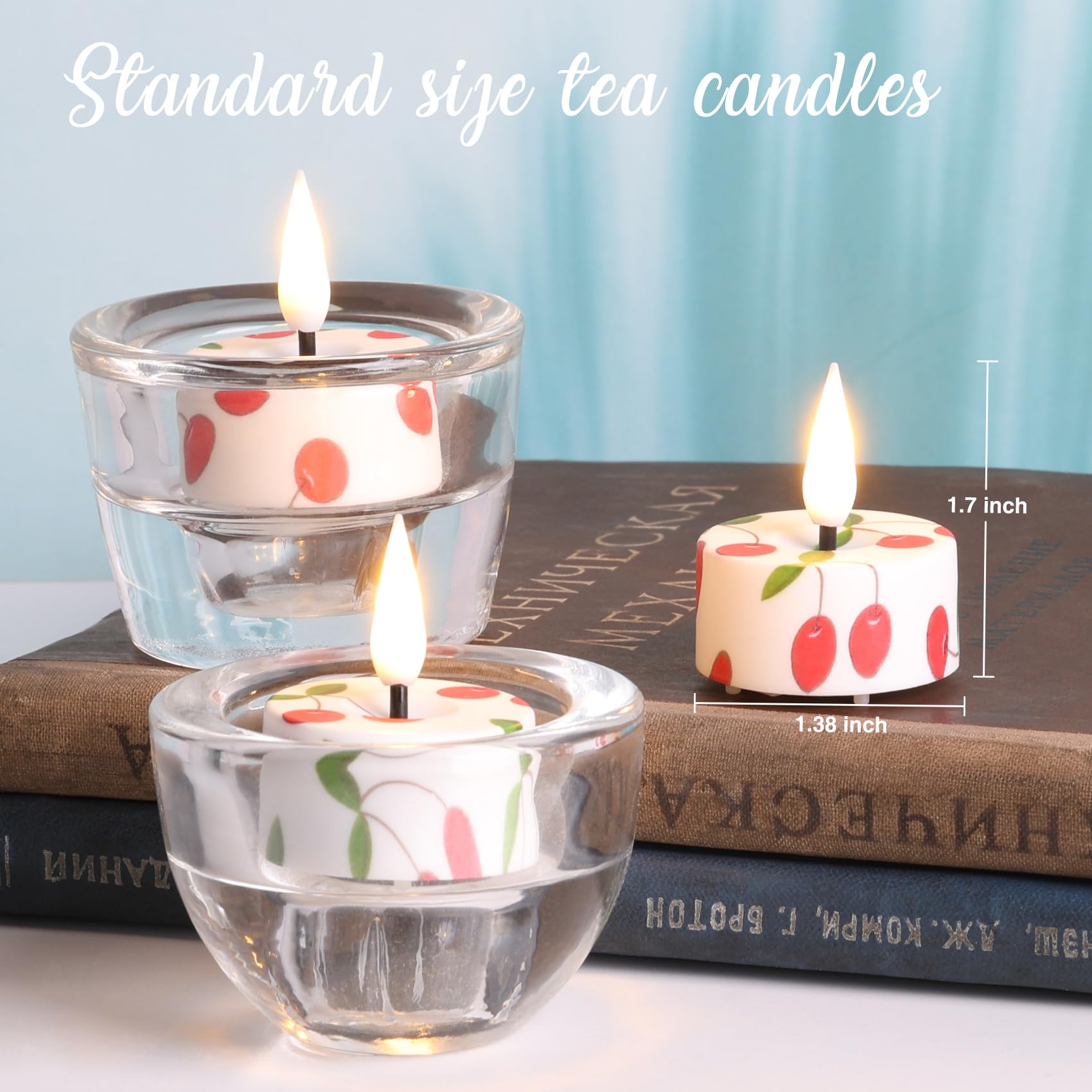 Eywamage Red Cherry Flameless Tealights With Remote Batteries, Flickering Plastic Led Tea Votive Candles Set Of 12
