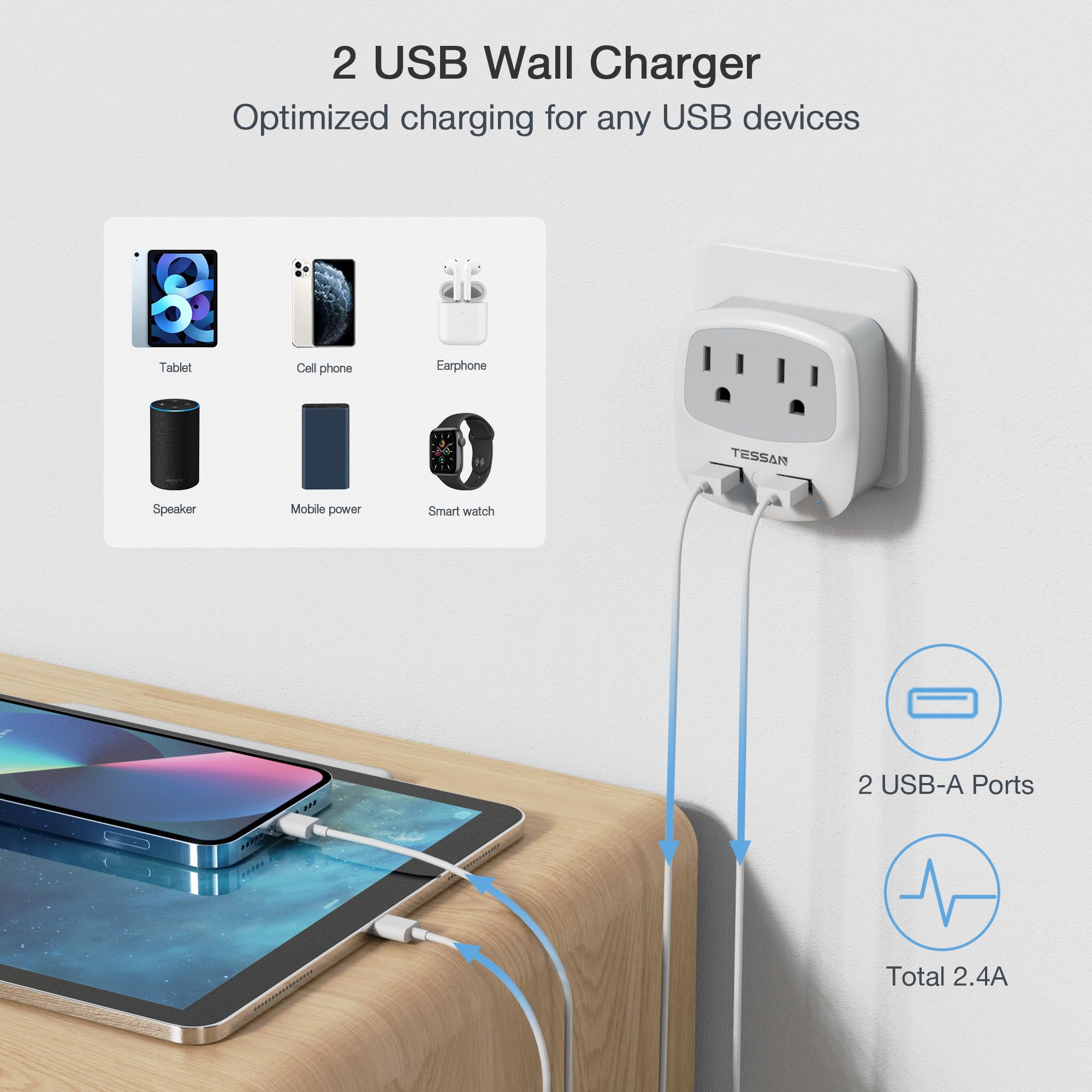 Tessan Germany France Power Adapter, Type E F Plug Adaptor With 2 Usb Ports 2 Ac Outlets, Travel Converter Us To European Europe