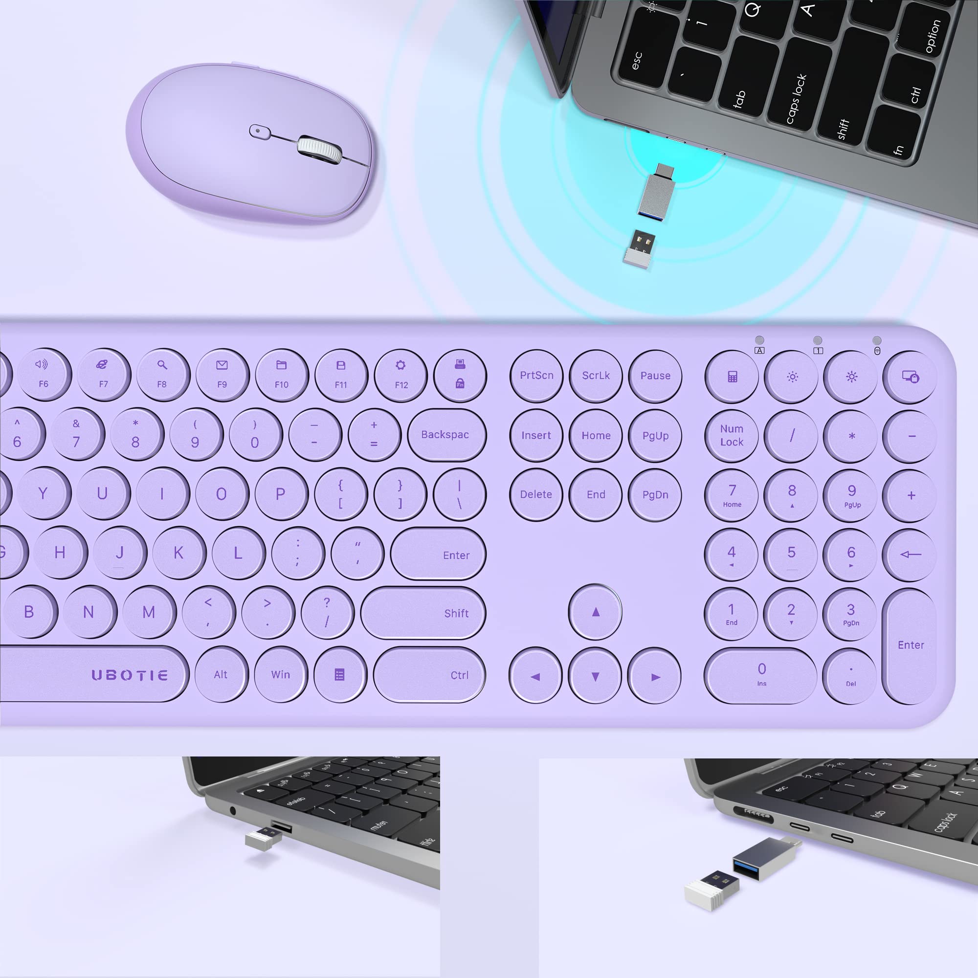 Ubotie Wireless Keyboards And Mouse, Silent Scissor Switches Slim Keyboards Mice Set, Quiet Full Size 111 Keys With Adjustable O