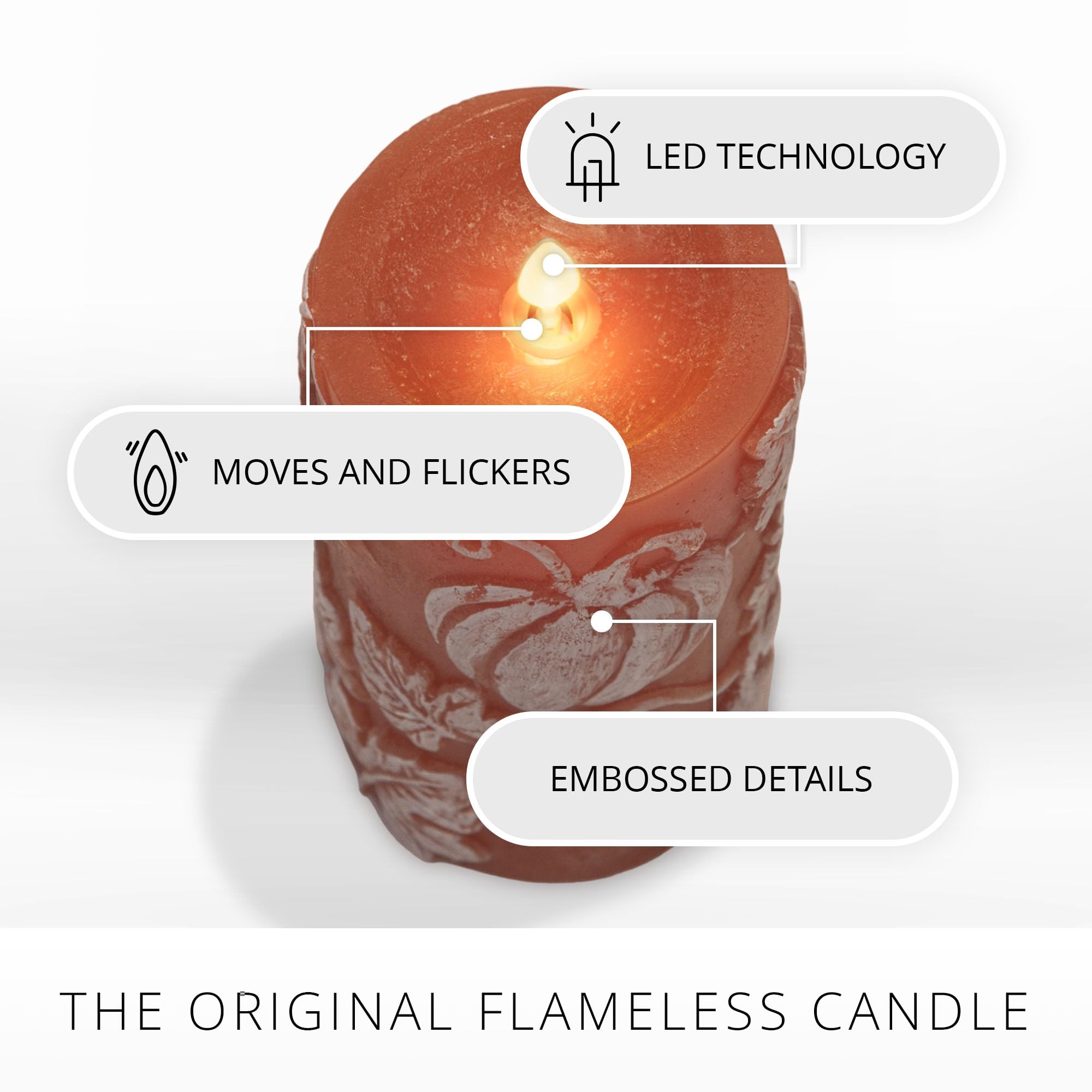 Luminara Embossed Leaves And Pumpkins Moving Flame Pillar Candle 3.25'' X 6.5'' With Recessed Edge Unscented Real Wax Led Batter