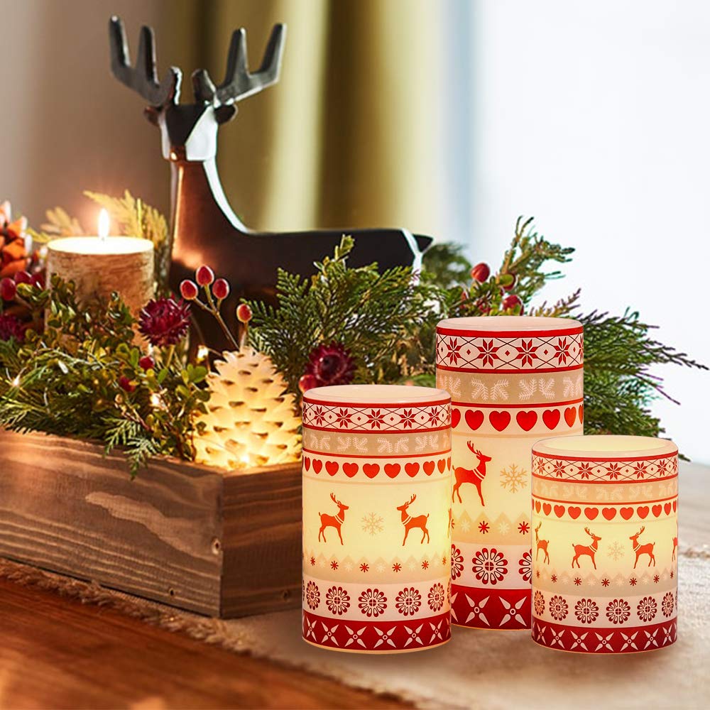 Wondise Flameless Pillar Candles Battery Operated With Timer, Real Wax Led Flickering Reindeer Decal For Christmas Home Decor, S