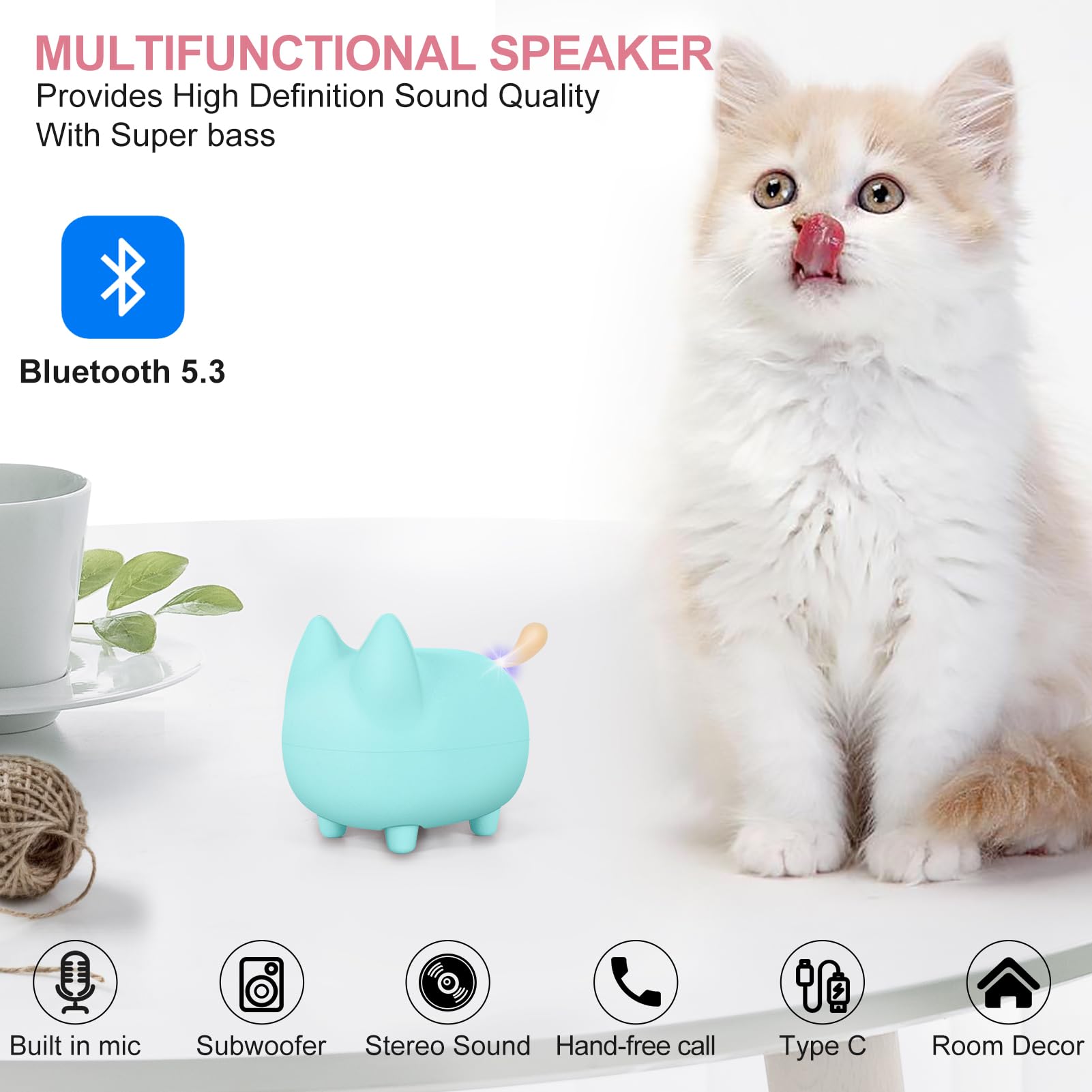 Svemei Small Bluetooth Speaker, Cute Cat Mini Wireless Speakers With Loud Stereo Sound, Built In Mic, Super Bass, Dual Pairing,4