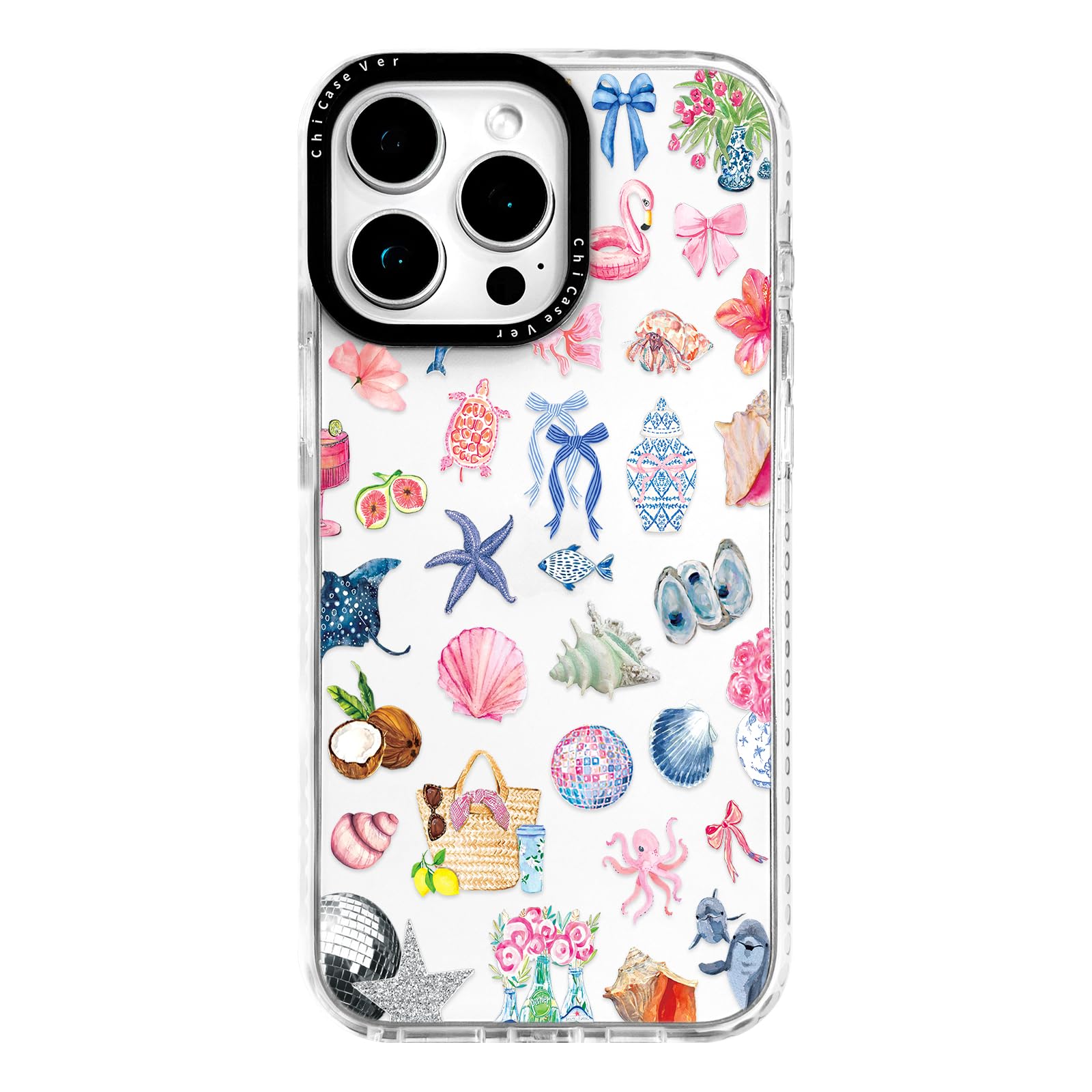 ChiCaseVer for iPhone 14 Pro Max Case, Tropical Beach Collage Pattern with Flamingos, Military-Grade Drop Protection, Colorful S