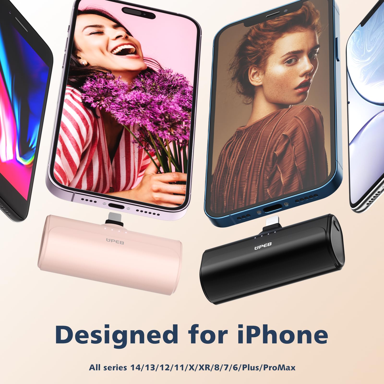 Upeb 2 Packs Portable Phone Charger Iphone 5000Mah With Built In Cable, Mfi Certified Mini Power Bank Cordless External Battery