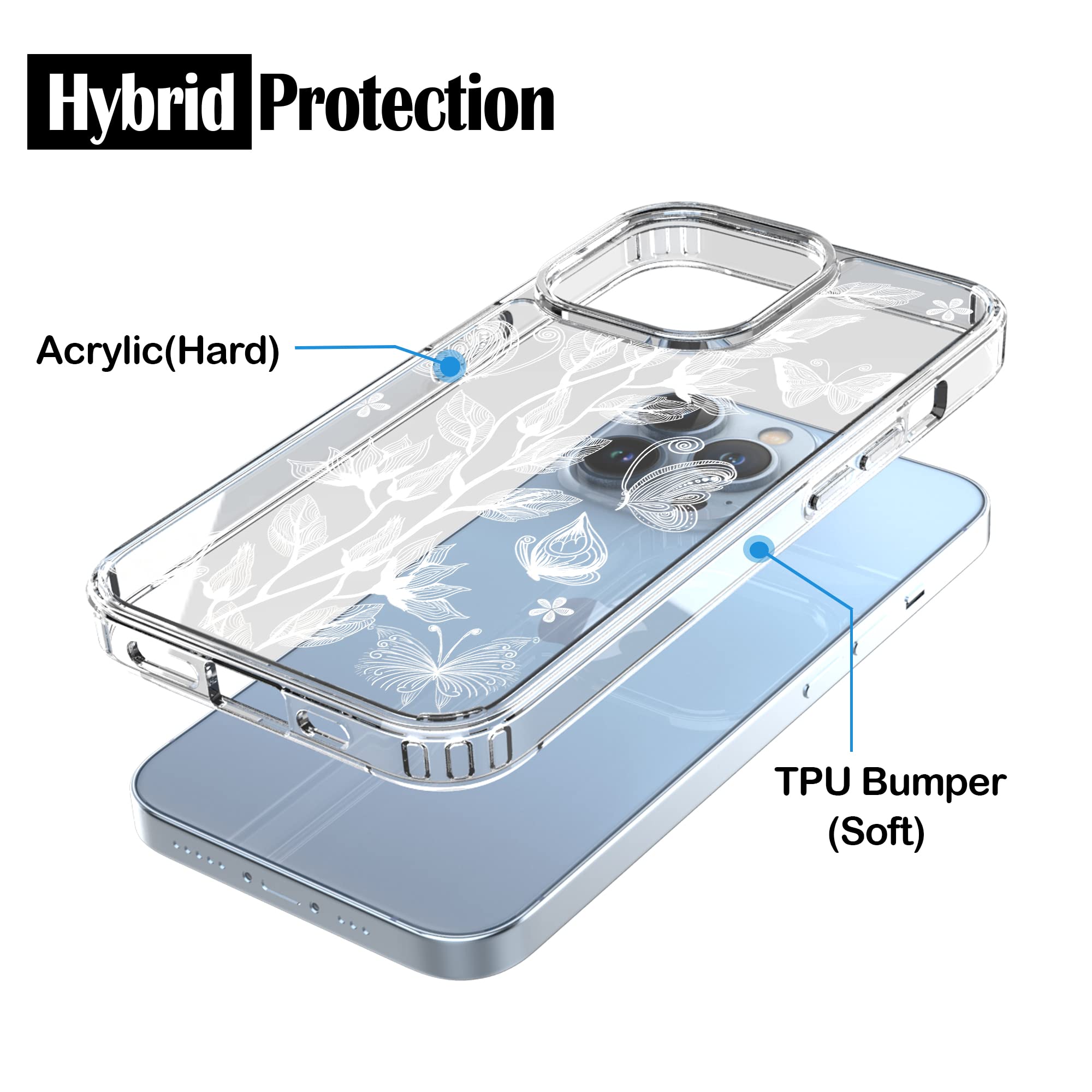RANZ iPhone 13 Pro Case Anti-Scratch Shockproof Clear TPU PC Flower Butterfly 6.1"