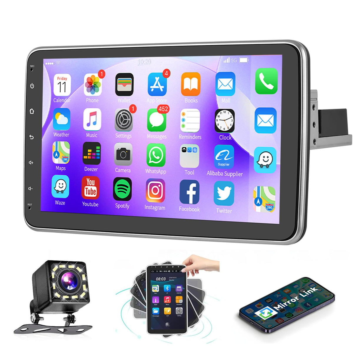 Podofo 10Inch 1080P Android Single Din Car Stereo Radio With 1080P Hd Vertical Rotatable Ips Touch Screen,Wifi Subwoofer,In Dash Gps Head Unit With Bluetooth Backup Camera,Mirror Link Swc