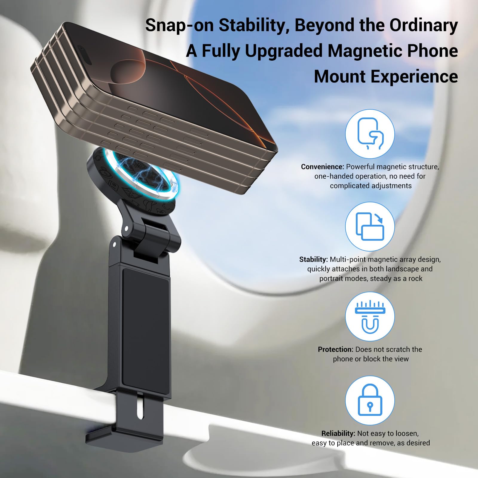 Magnetic Airplane Phone Holder, Universal Travel Phone Mount With Magnetic Ring, 360 Rotatable & Adjustable, Foldable Compact St