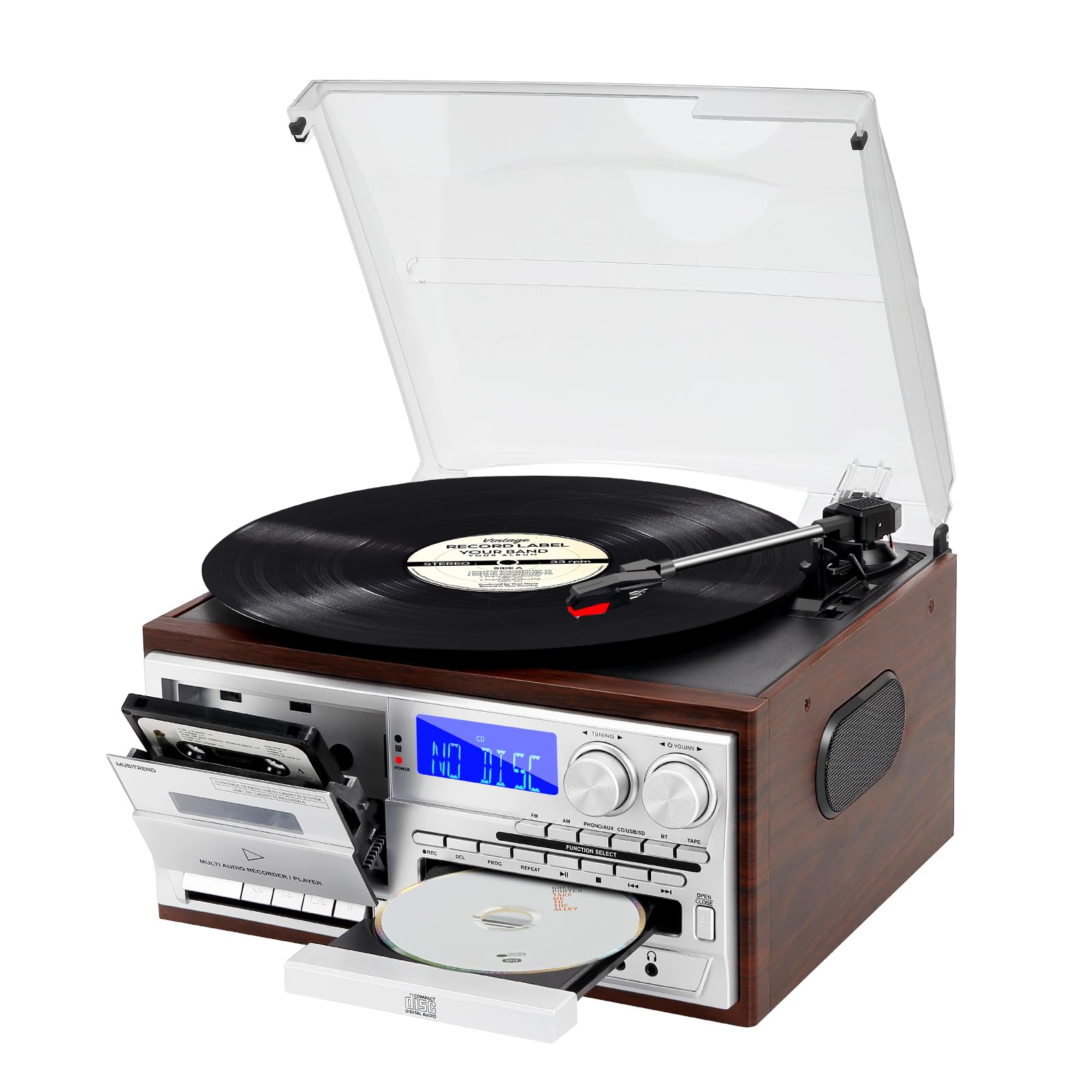 Musitrend Record Player 9 In 1 3 Speed Bluetooth Vintage Turntable Cd Cassette Vinyl Player Am/Fm Radio Usb/Sd Encoding Aux In R