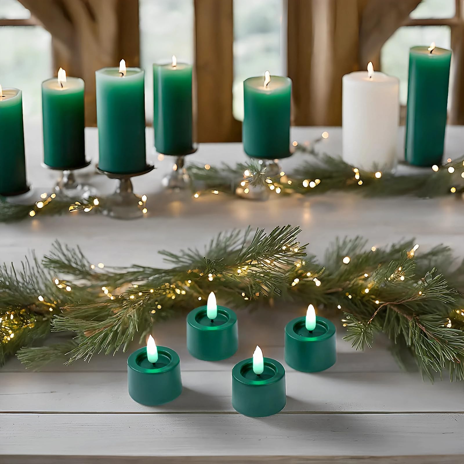 Simplelight Pack Of 12 Tea Lights Candles Battery Operated   Green Flameless Candles With Timer, Battery Included   Perfect For