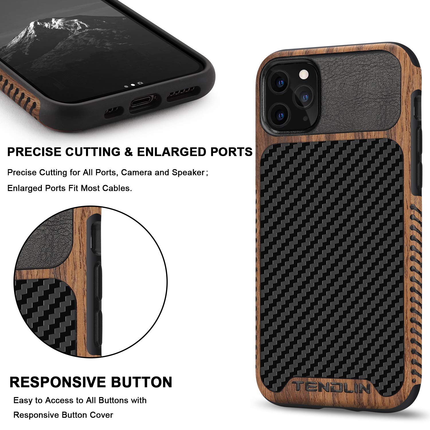 Tendlin Compatible With Iphone 11 Pro Max Case Wood Grain With Carbon Fiber Texture Design Leather Hybrid Case
