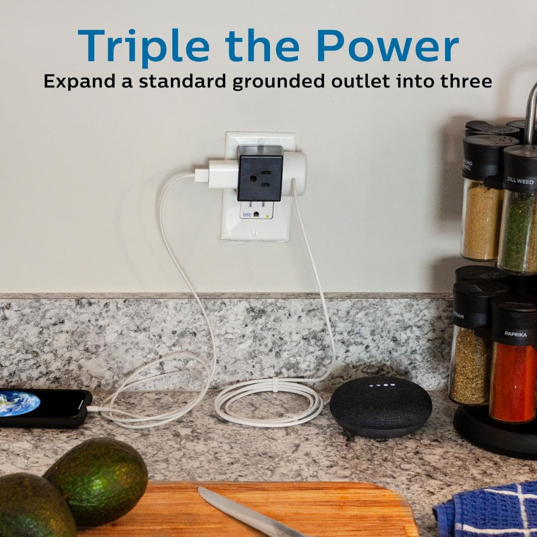 Philips 3 Outlet Extender, Extra Wide Adapter Spaced, Easy Access Design, 3 Prong, Perfect For Travel, Cube, 2 Pack, Black, Sps3