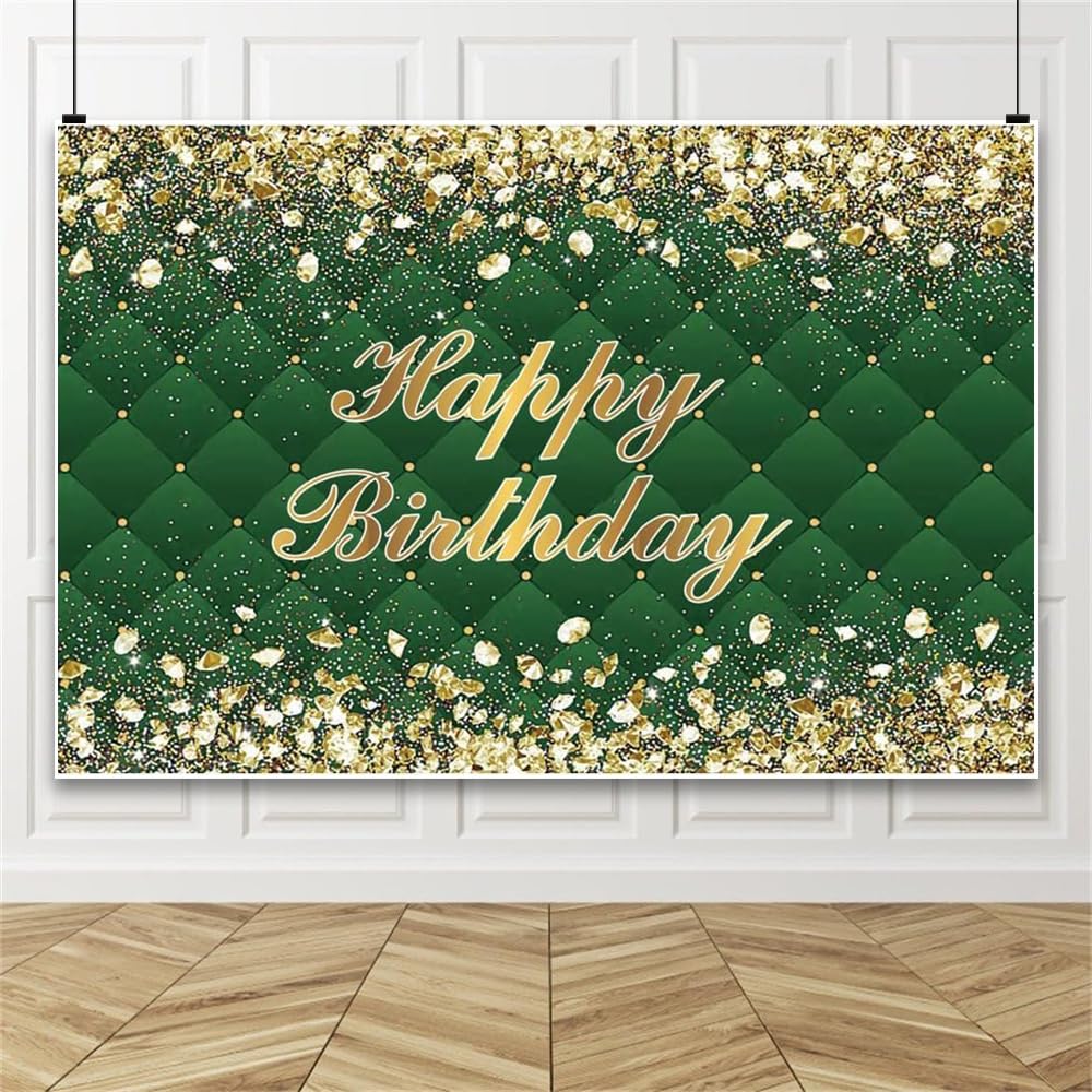 Renaiss 5X3Ft Happy Birthday Backdrop Banner For Photoshoot Portrait Gold Diamonds Green Photography Background For Men Women 30