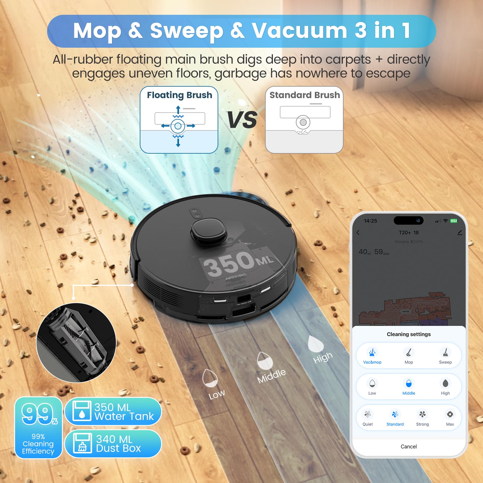Airrobo Robot Vacuum And Mop Combo, Self Emptying, 60 Day Capacity, Home Mapping, Schedule, Wi Fi/App/Alexa/Remote, 180Mins Runt
