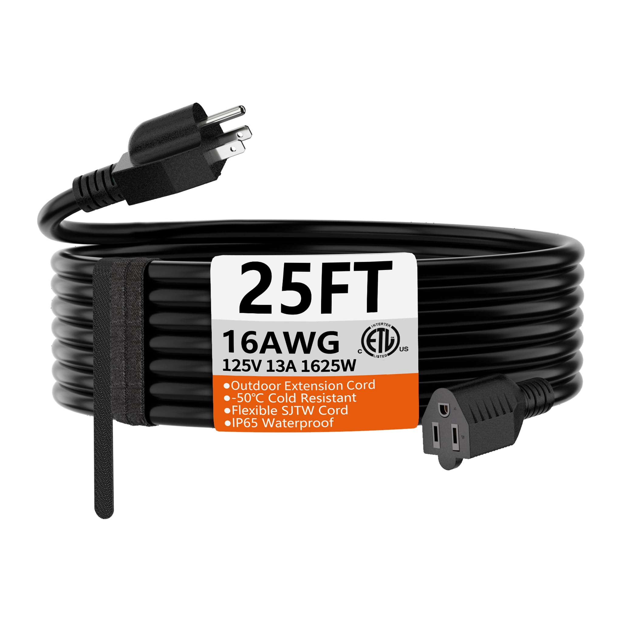 Huanchain 25 Ft 16 Gauge Black Indoor Outdoor Extension Cord Waterproof, Flexible Cold Weather 3 Prong Electric Cord Outside, 13