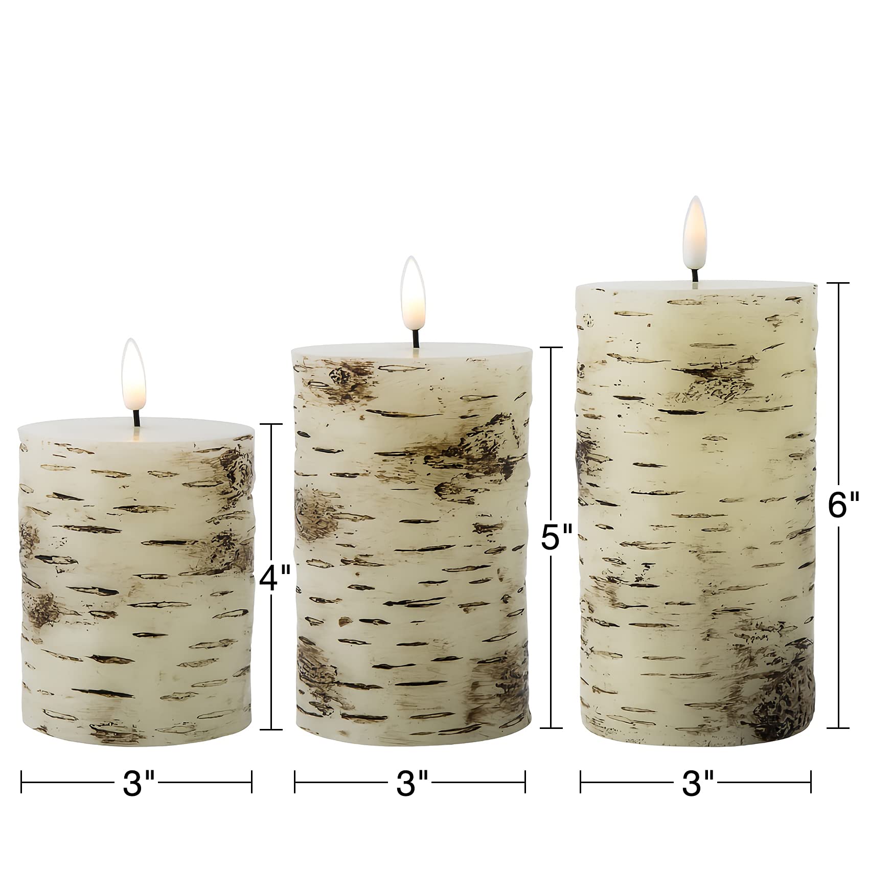 Eywamage Birch Wood Flameless Pillar Candles With Remote, Flickering Led Wax Battery Candles Set Of 3, Christmas Fall Decorative