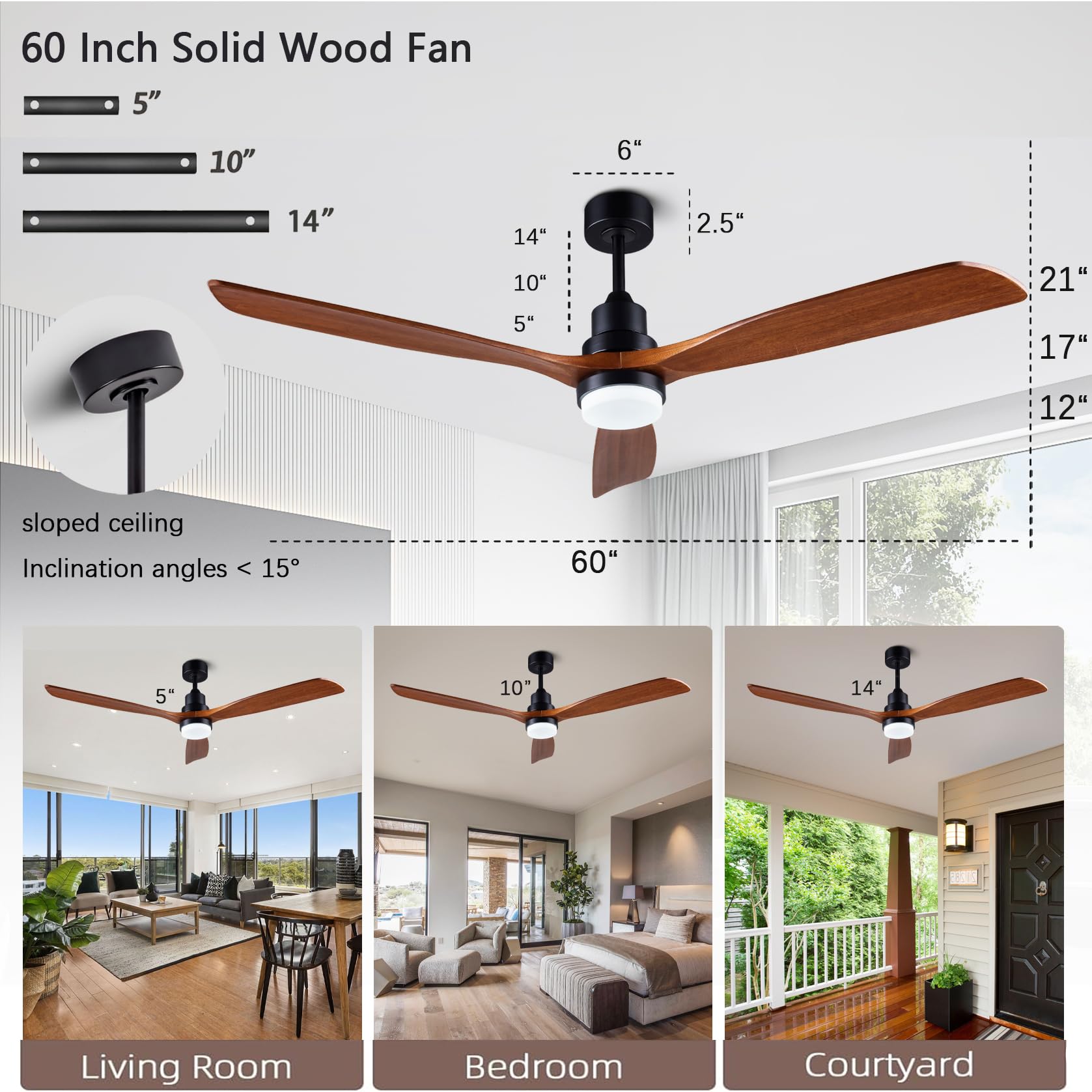 Dearnow 60    Ceiling Fan [With Lighting Remote], Indoor Outdoor Mute, Modern Wooden Ceiling Fan [With 3 Solid Wood Blades] For