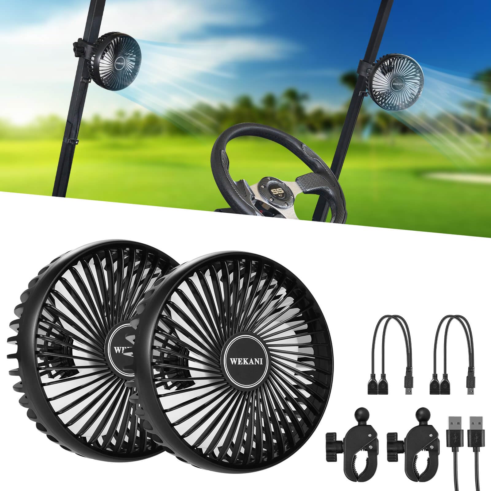 Wekani 2 Pack Golf Cart Fans For Golf Cart Accessories,3 Speed Settings Fit Ezgo Club Car Yamaha Models With Sturdy Clamp& Porta