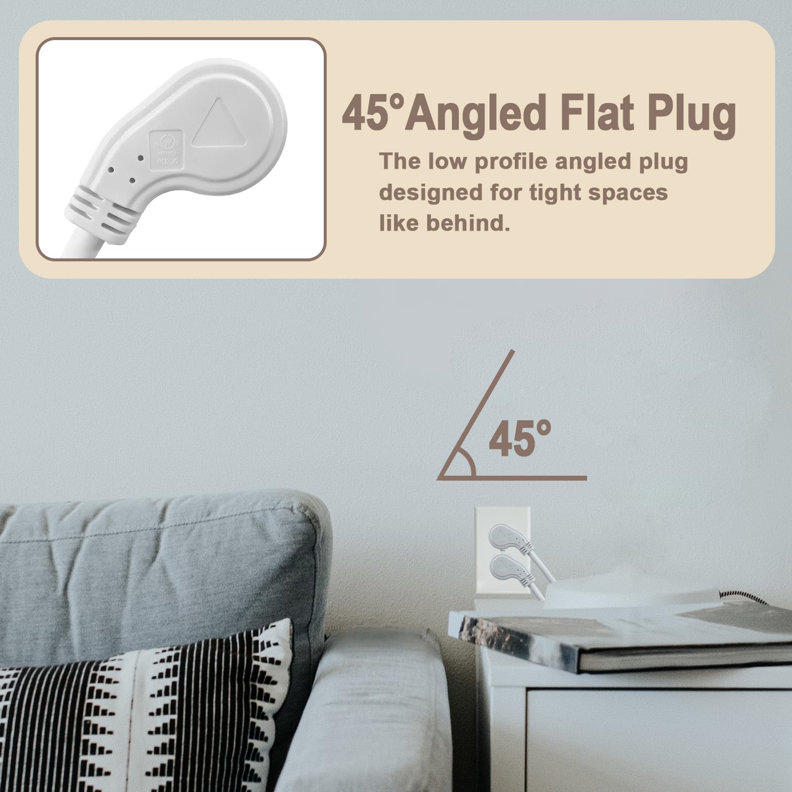 Ultra Explore 2 Pack 6 Ft Flat Plug Extension Cord, 16 Awg 3 Prong Grounded Extension Cord White Flat Plug, Low Profile Extensio