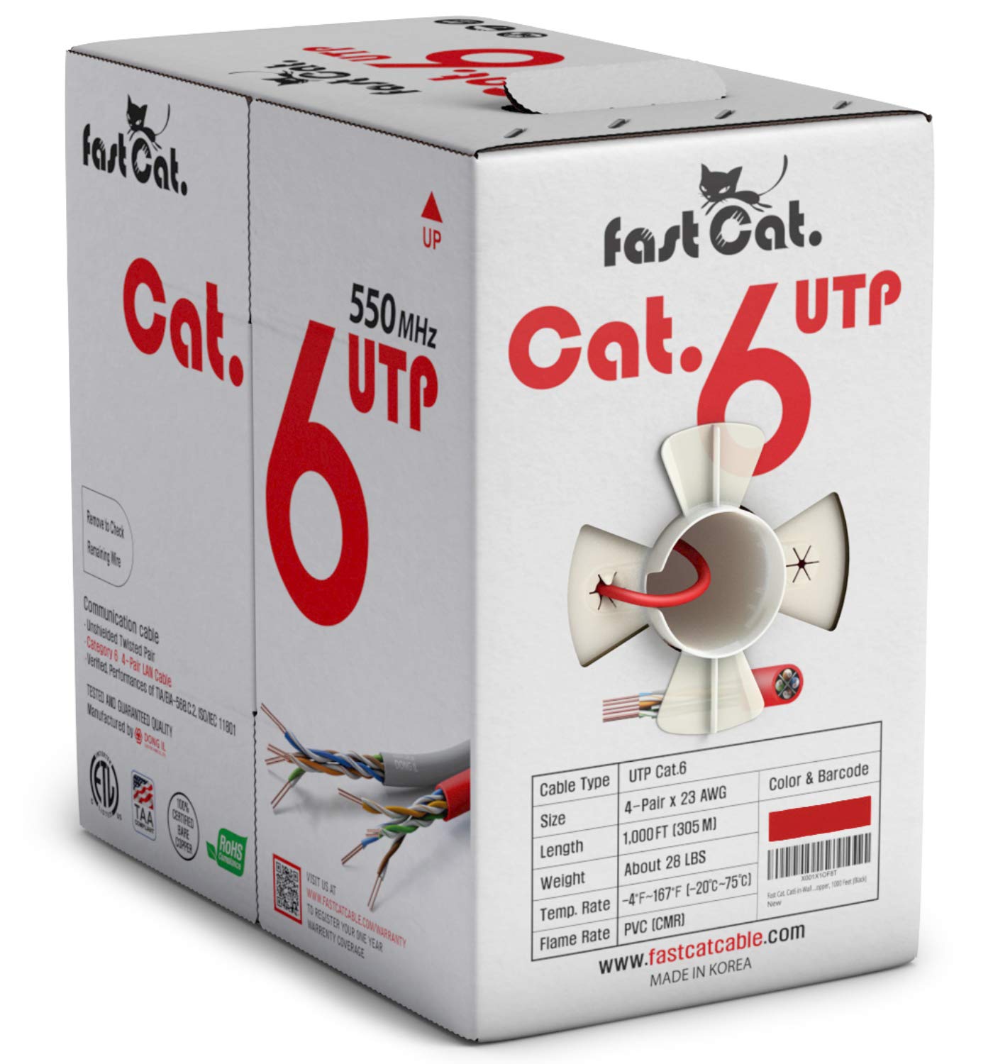 Fast Cat. Cat6 Ethernet Cable 1000Ft   23 Awg, Cmr, Insulated Solid Bare Copper Wire Cat 6 Cable With Noise Reducing Cross Separator   550Mhz / 10 Gigabit Speed Utp Lan Cat6 Cable 1000Ft   Cmr (Red)