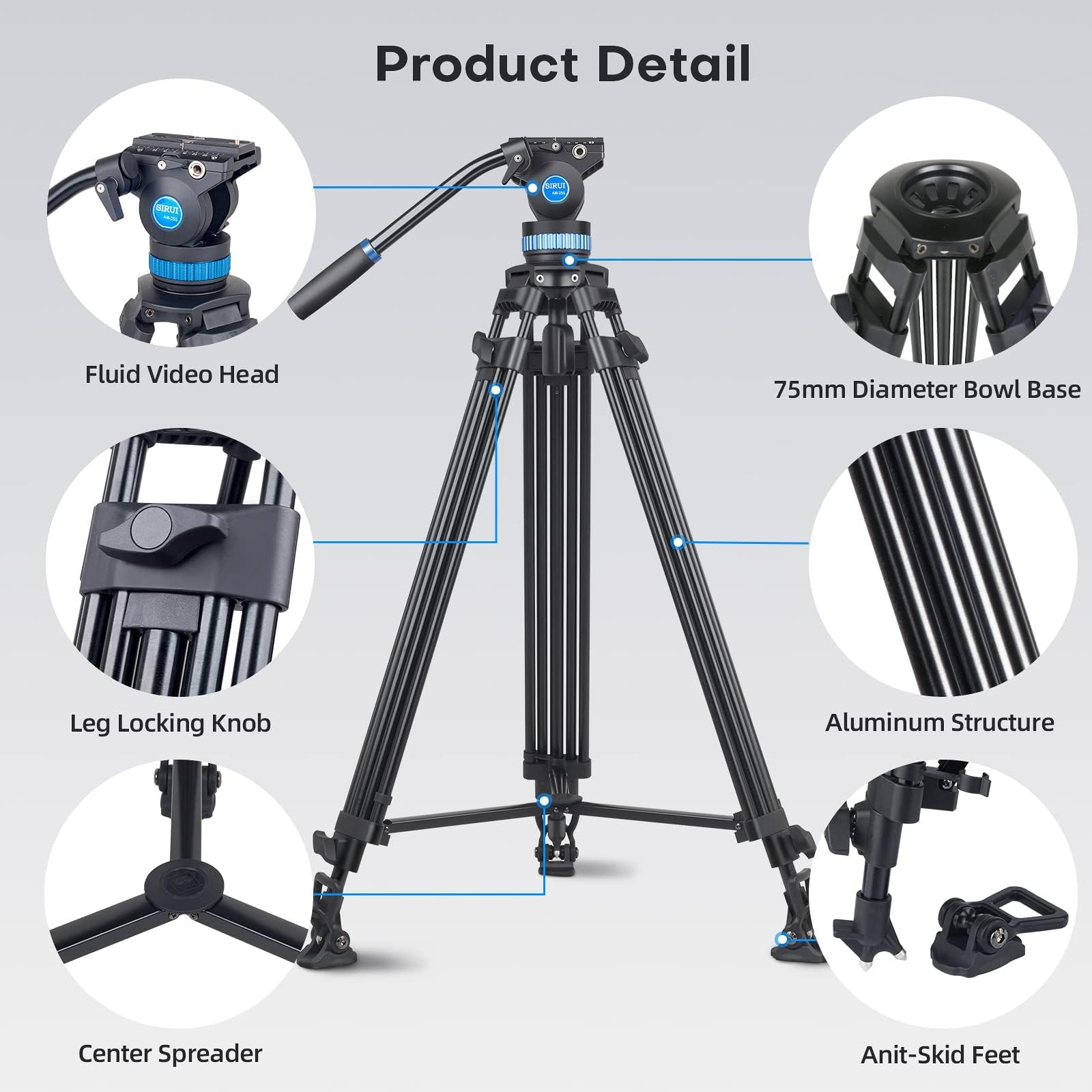Sirui Am 25S Video Tripod, 74.8' Professional Heavy Duty Tripod With Adjustable Damping Fluid Head For Camcorder, Cameras, Dslr, 360� Pan & +90�/ 75� Tilt, Quick Release Plate, Max Load 22.0Lb