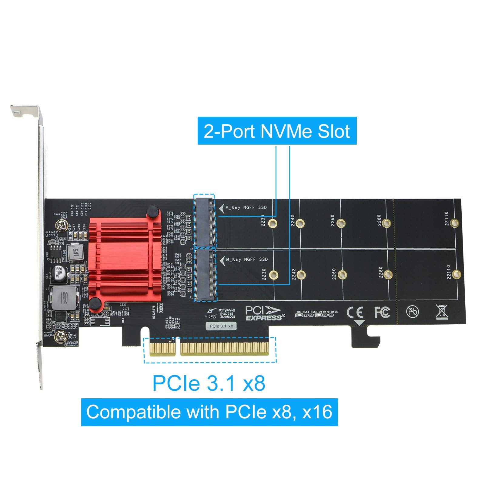 Dual Nvme Pcie Adapter, Riitop M.2 Nvme Ssd To Pci E 3.1 X8/X16 Card Support M.2 (M Key) Nvme Ssd 22110/2280/2260/2242/2230