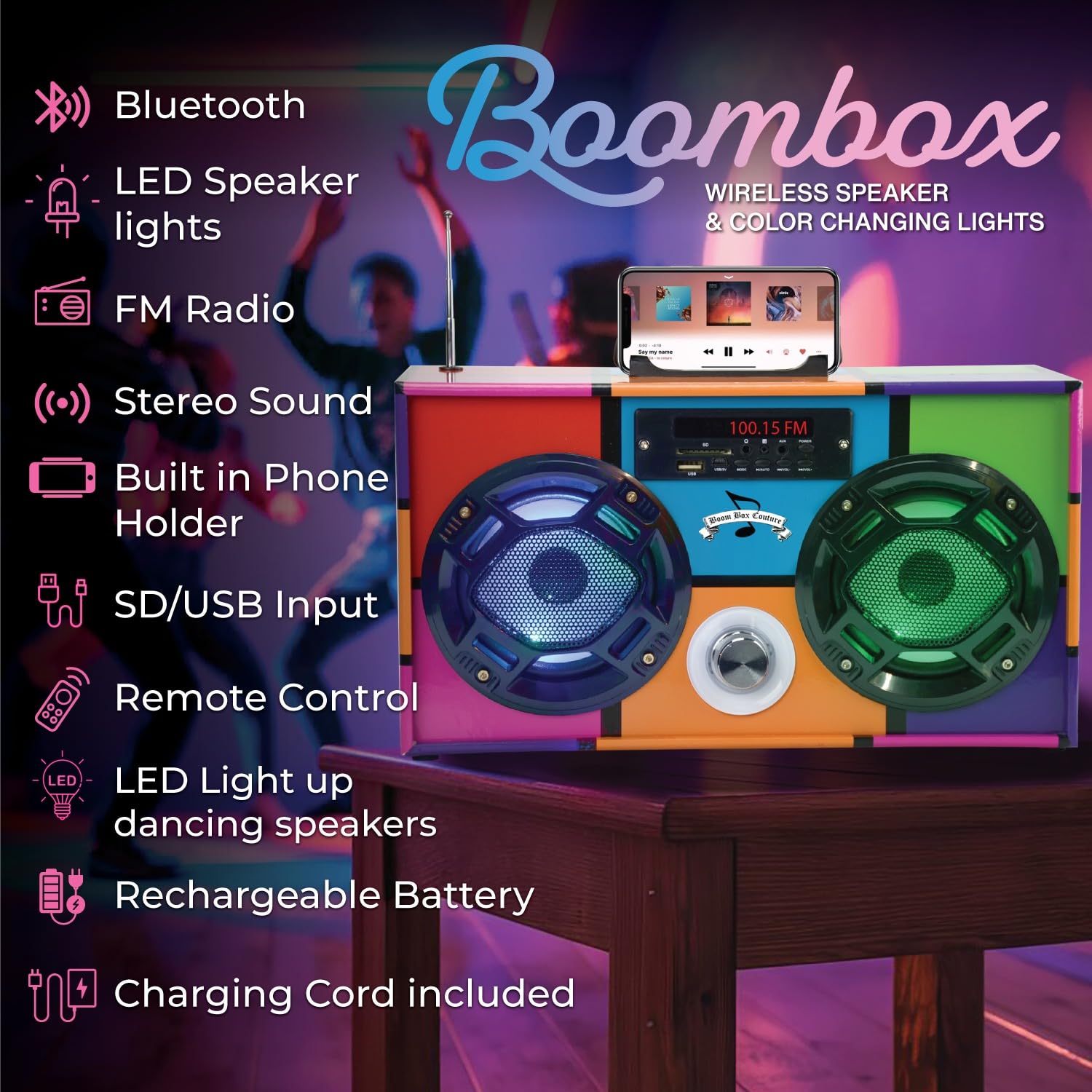 Wireless Express - Mini Boombox With Led Speakers - Retro Bluetooth Speaker W/Enhanced Fm Radio - Perfect For Home And Outdoor (