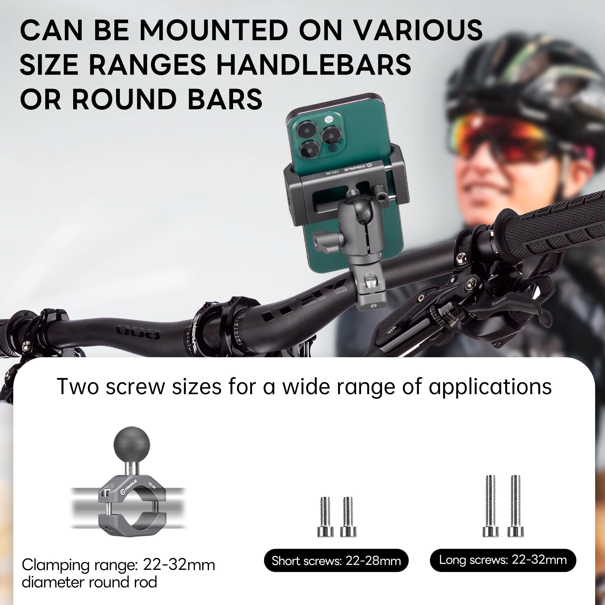 Fanaue Motorcycle Phone Holder With 1'' Ball Head Adapter, Aluminum Bike Scooter Phone Mount Handlebar Cell Phone Clamp Clip Com