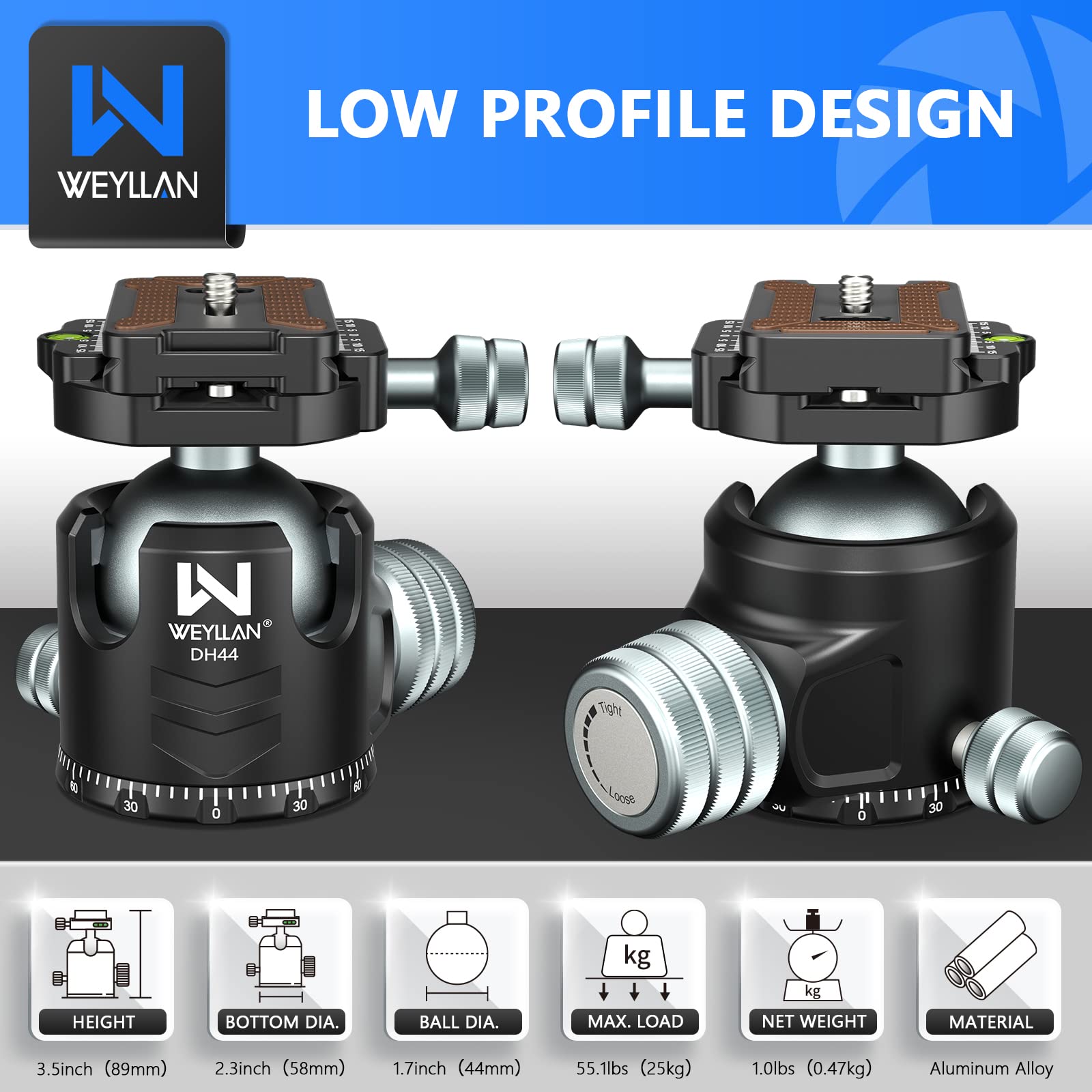 Tripod Head 44Mm Low Profile Ball Head, Weyllan Dh44 360 Degree Metal Panoramic Camera Ball Head Mount With Two Quick Release Pl