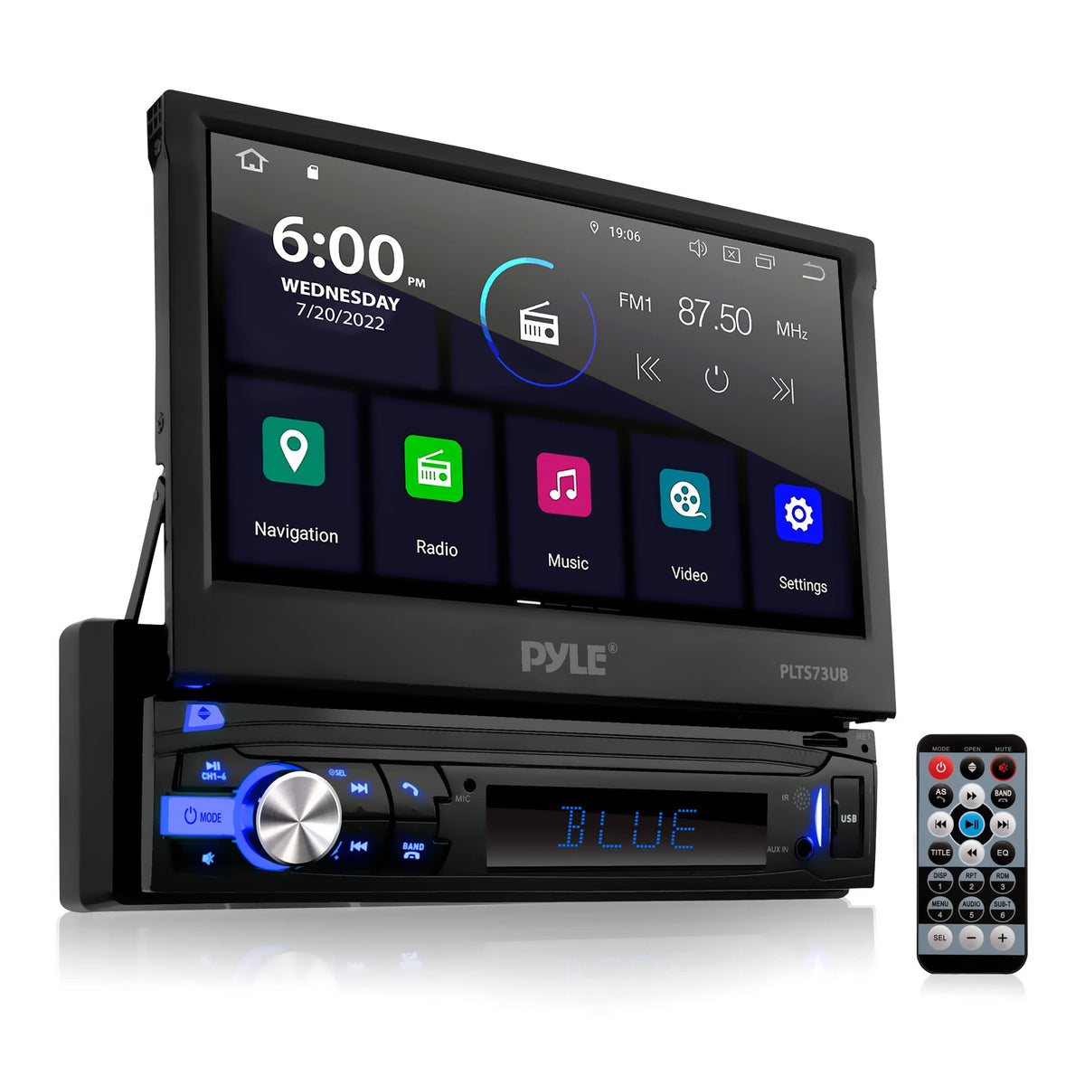 PyleUsa Car Stereo Video Receiver - Multimedia Player, BT Wireless Streaming, Hands-Free Talking, Motorized Fold-Out 7’’ Touchscreen Display, MP4/MP3/USB/SD/AM/FM Radio, Single DIN - PLTS73UB