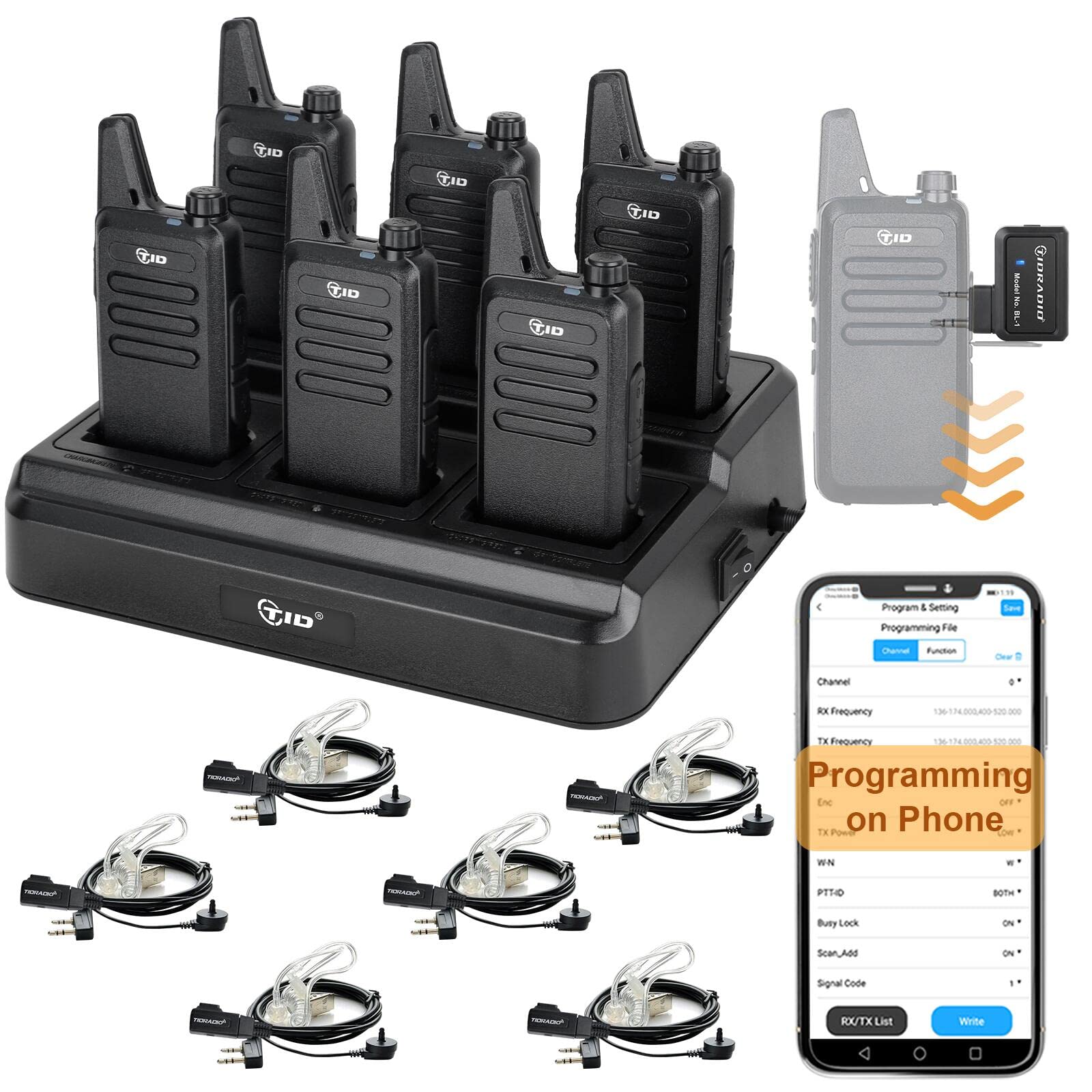 Tidradio Td M8S Radios Walkie Talkies For Adults Long Range,Rechargeable Two Way Radio With Earpieces,6 Way Multi Gang Charger And Wireless Programmer,For School Church Restaurant Business (6 Pack)