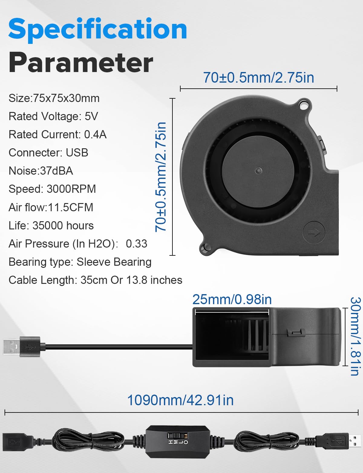 Wathai 75Mm X 30Mm Usb Blower Fan Turbine Centrifugal 5V For Diy Computer Case, Home Theater Receiver, 3D Printers, Electronics