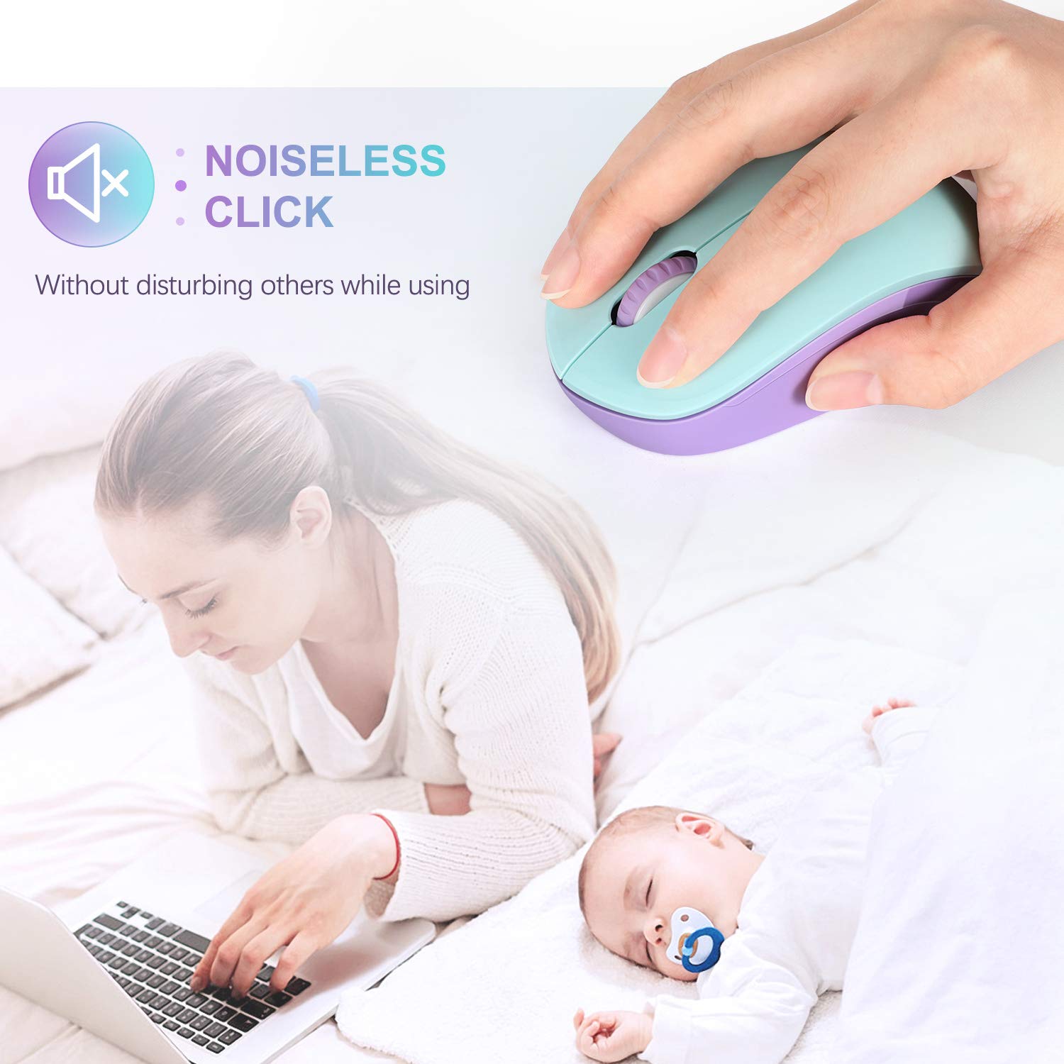 Seenda Wireless Mouse, 2.4G Noiseless Mouse With Usb Receiver Portable Computer Mice For Pc, Tablet, Laptop   Mint Green&Purple