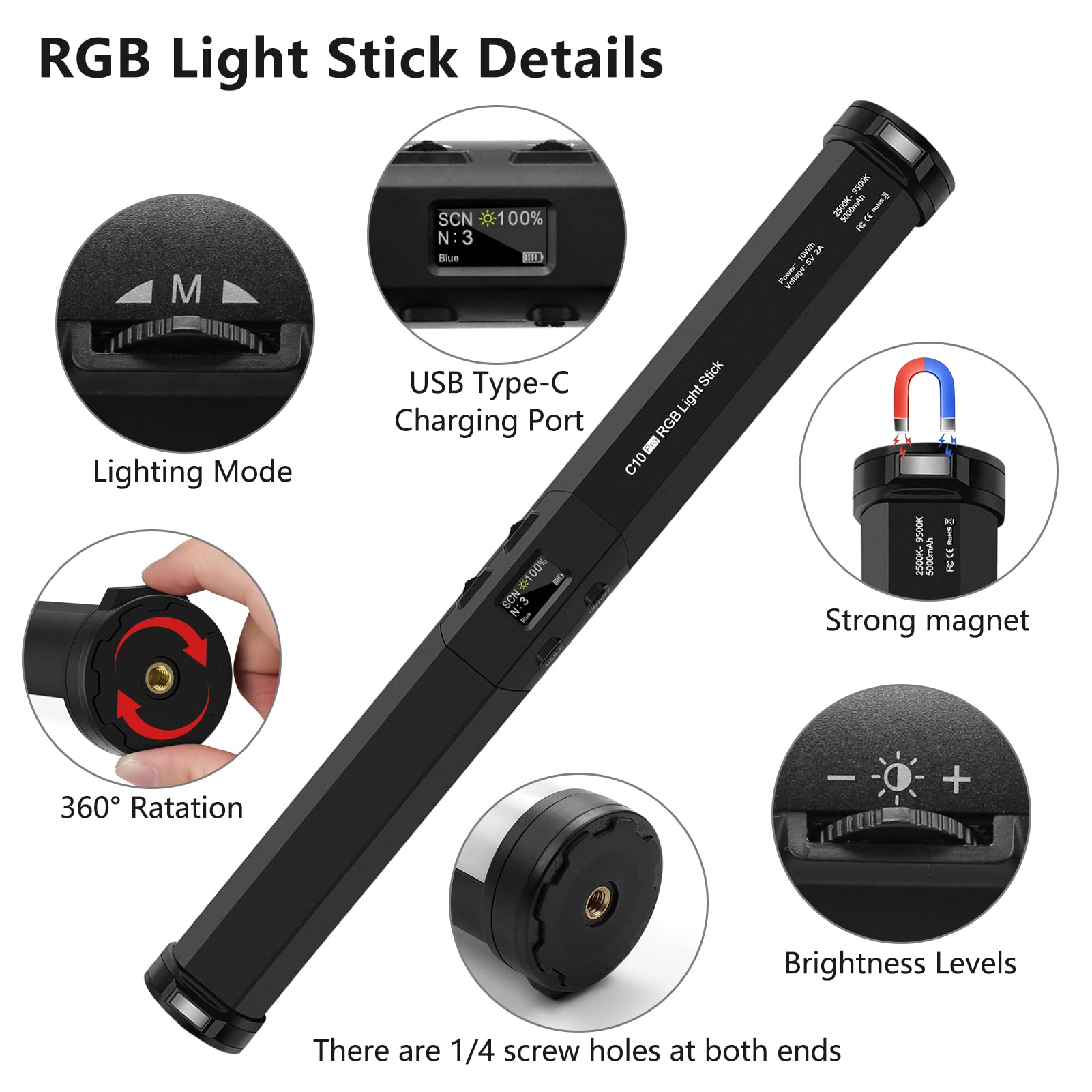 Rgb Led Video Light Stick Wand With Stand, Qeuooiy 360 Full Color 2500 9500K Portable Studio Photography Lighting, 5000Mah Recha