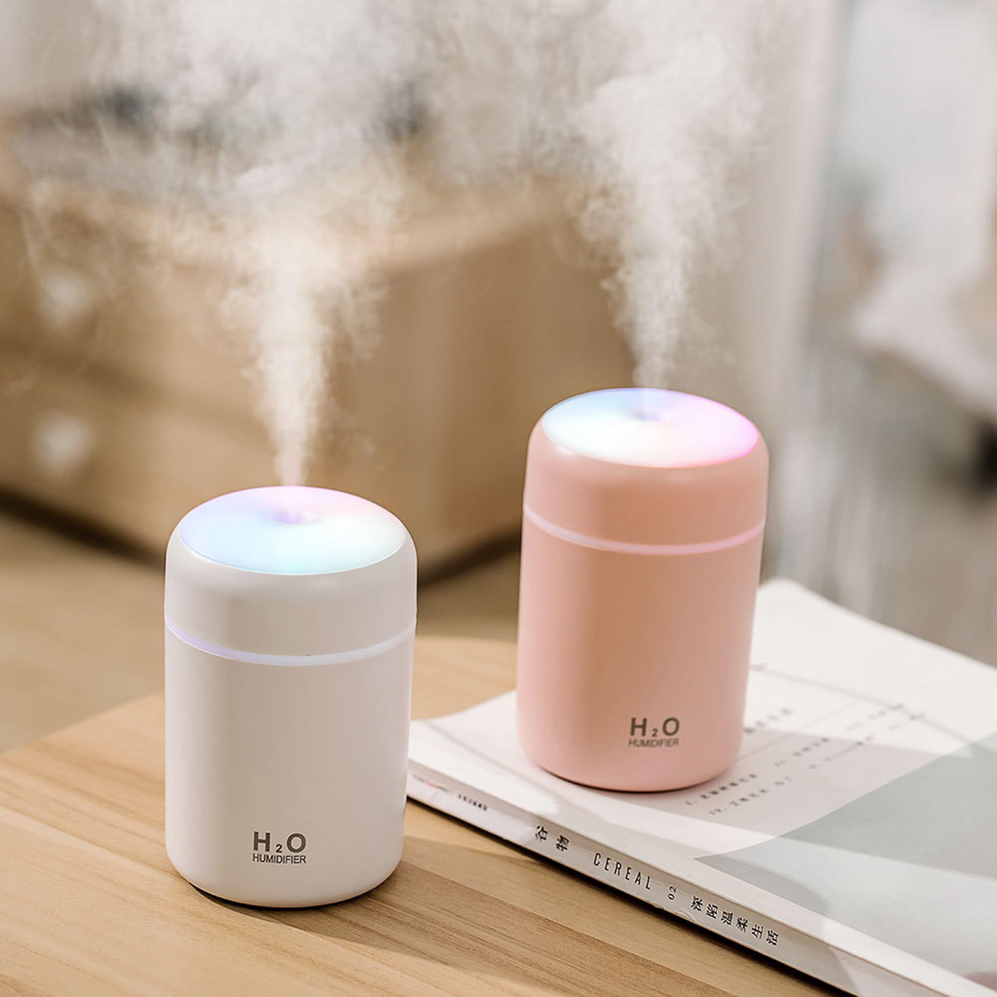 Portable Mini Humidifier, Colorful, Cool Mist, Usb Powered. Perfect For Bedroom, Office & Car (300Ml, White)