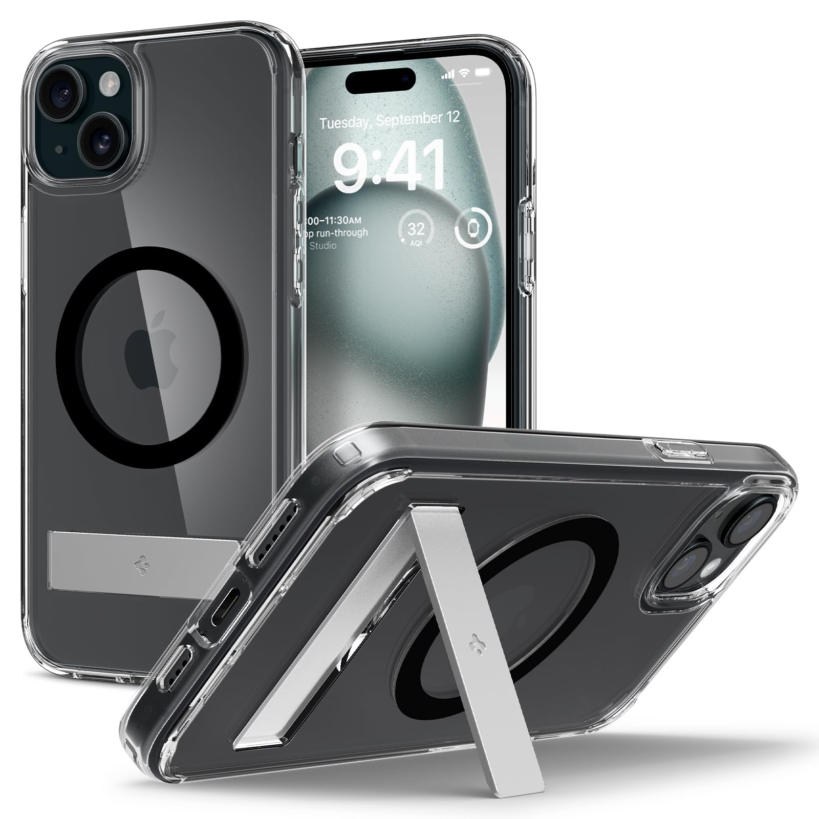 Spigen Ultra Hybrid S MagFit Designed for iPhone 15 Case (2023) [Kickstand] [Amti Yellowing], Compatible with MagSafe - Black