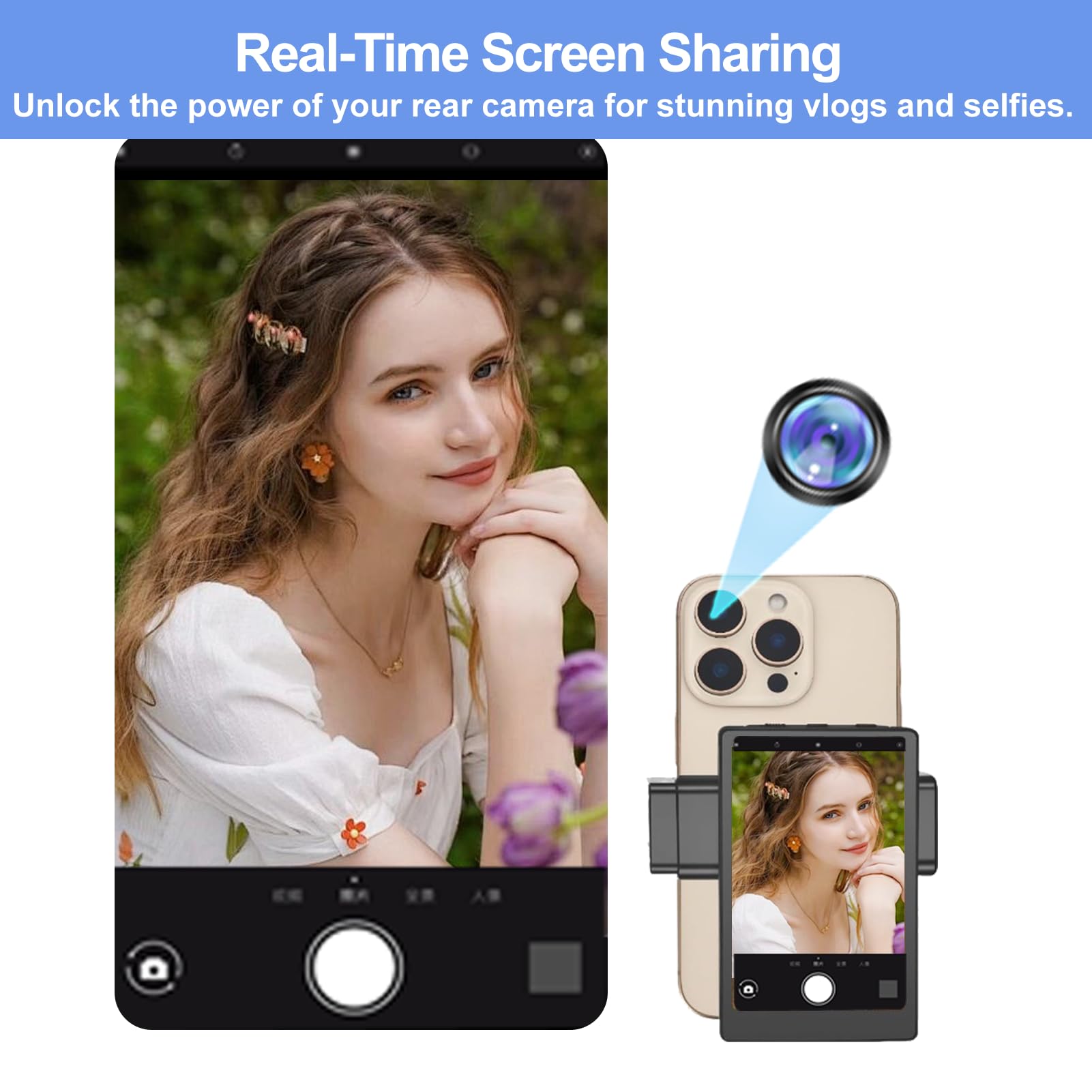Omnimaster Phone Vlog Selfie Monitor Screen, Magnetic Phone Holder Clip Mount, Using Rear Camera For Selfie Vlog Or Live Stream