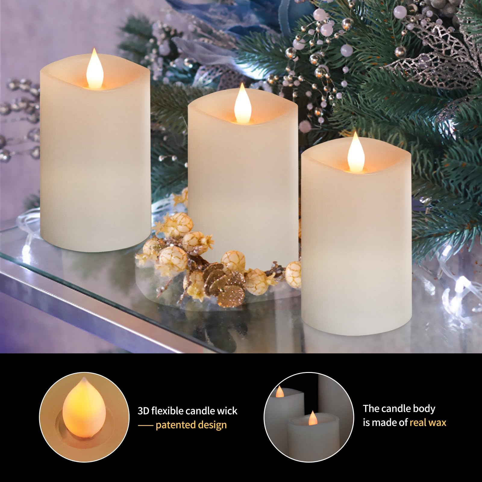 Asldoiweh 3 X 5 White Flameless Candles Set Of 3, 2Aa Battery Life 600 Hours Battery Candles Flickering With Timer, 5 Inch Flame