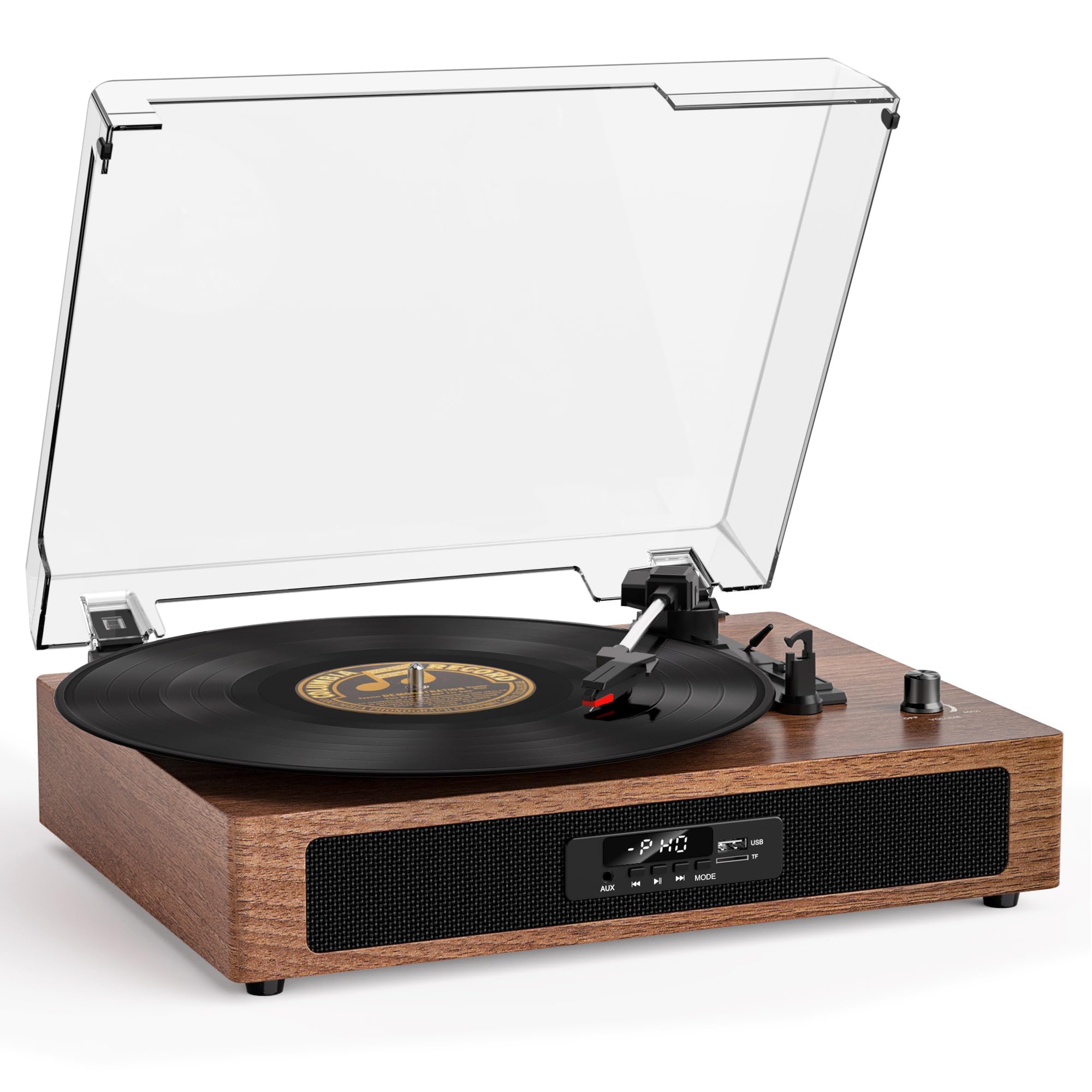Vinyl Record Player with Built-in Speakers, 3-Speed Belt-Drive Turntable with LED Display, Record to USB Drive & TF Card, Beginn