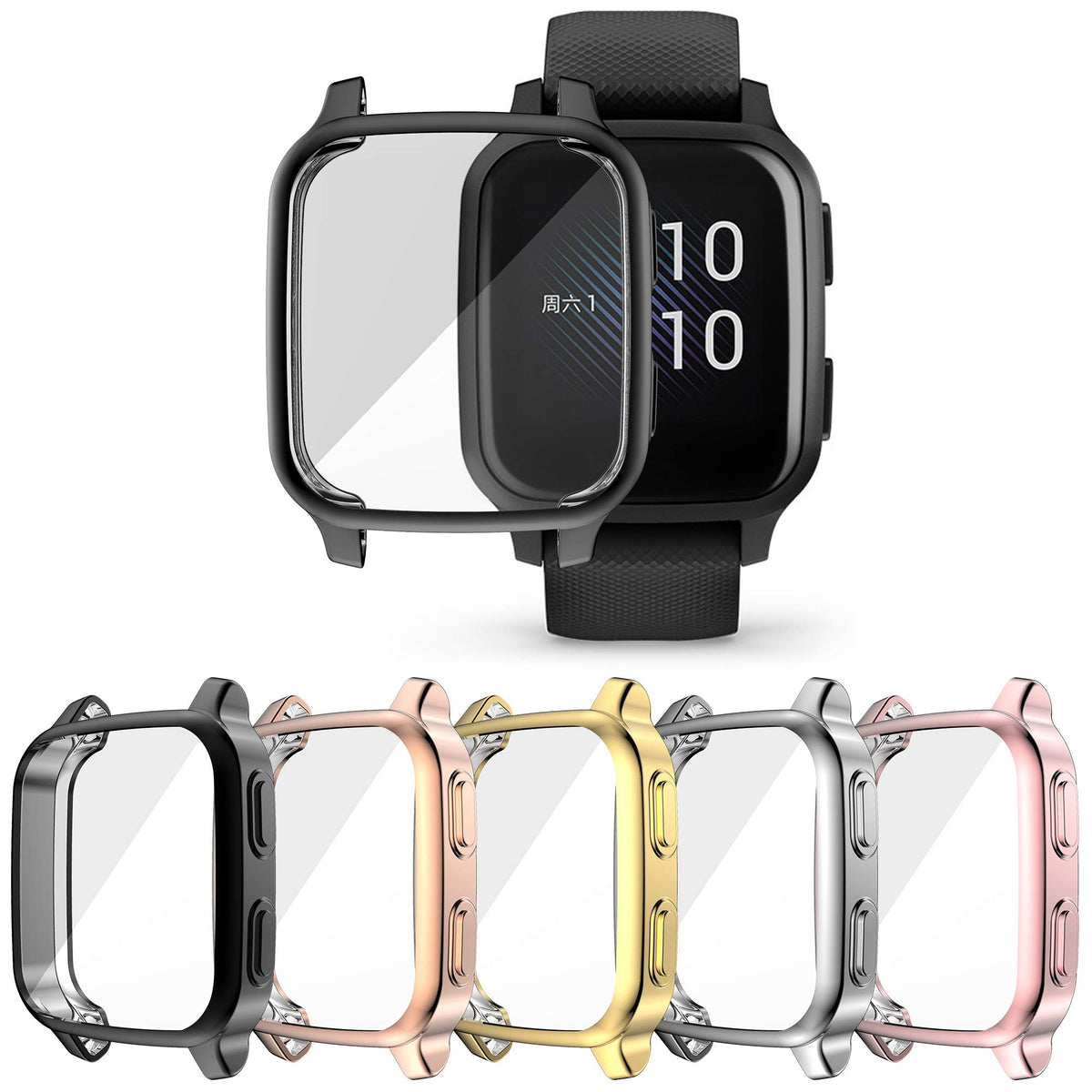 [5 Pack] Richone Compatible With Garmin Venu Sq & Venu Sq 2 Screen Protector Case, All Around Protective Cover Soft Tpu Shockproof Bumper Frame (Black+Silver+Gold+Pink+Rose Gold)