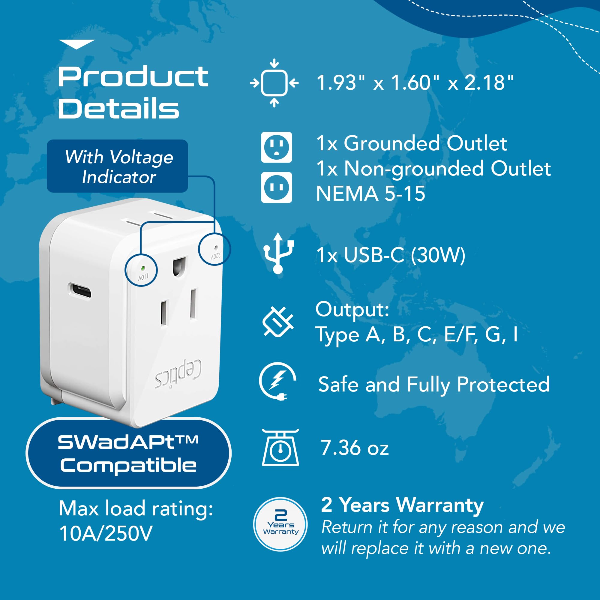 Ceptics World Travel Plug Adapter Set, Safe Usb C 3.0 2 Usa Socket,30W Pd & Qc   Compact & Powerful   Use In Europe Includes Typ