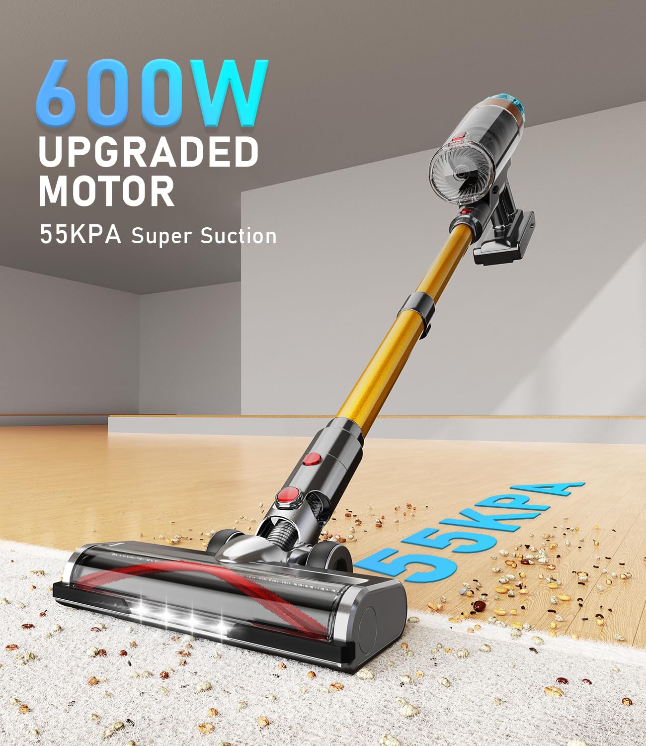 Mbyulo Cordless Vacuum Cleaner For Home 600W 55Kpa Upgraded Powerful Stick Vacuum Up To 60Mins, Anti-Tangle & Wall Mount Chargin