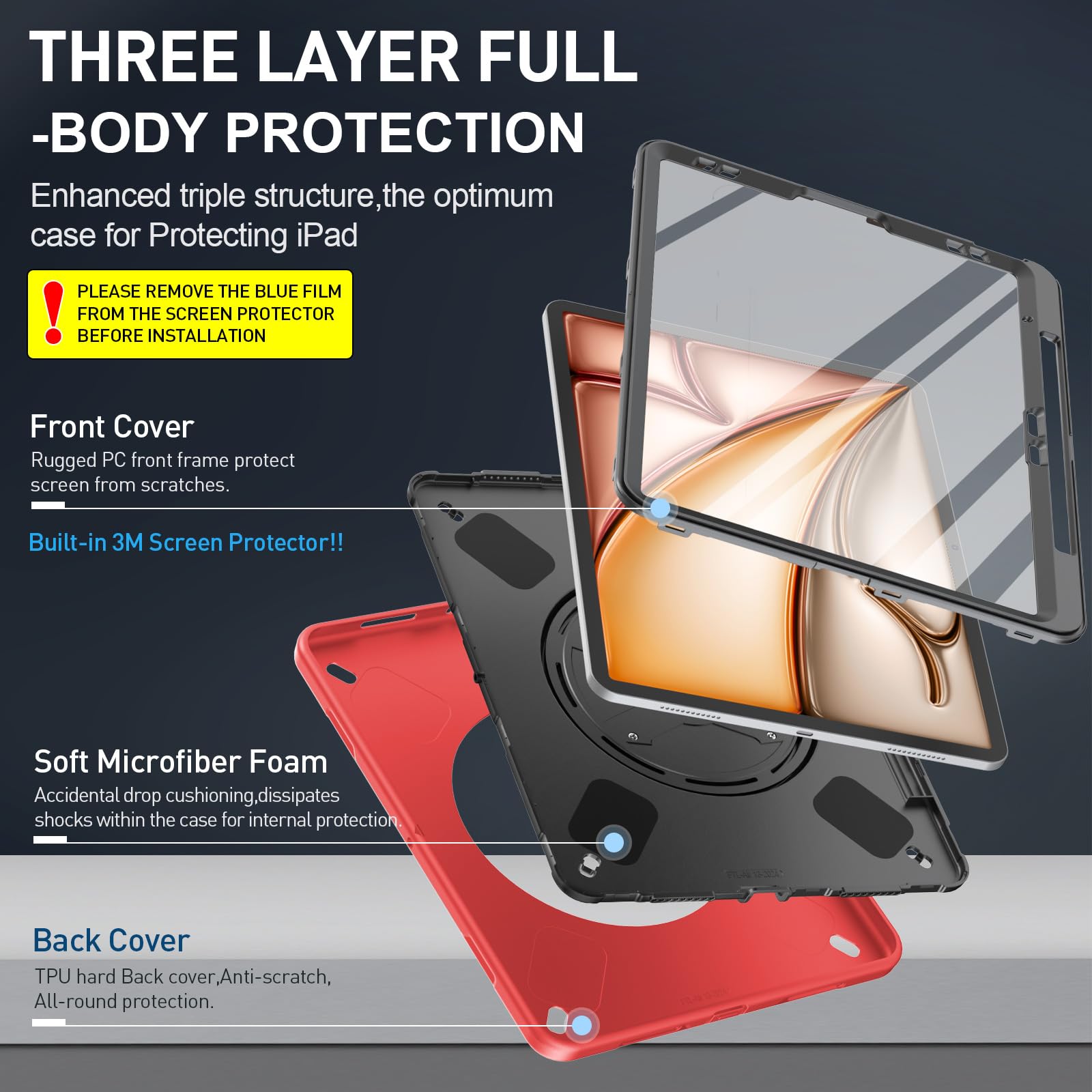 Supfives Case For Ipad Air 13 Inch 2024,With Screen Protector+Hand Strap+Shoulder Strap+Rotating Kickstand+Pencil Holder,Red