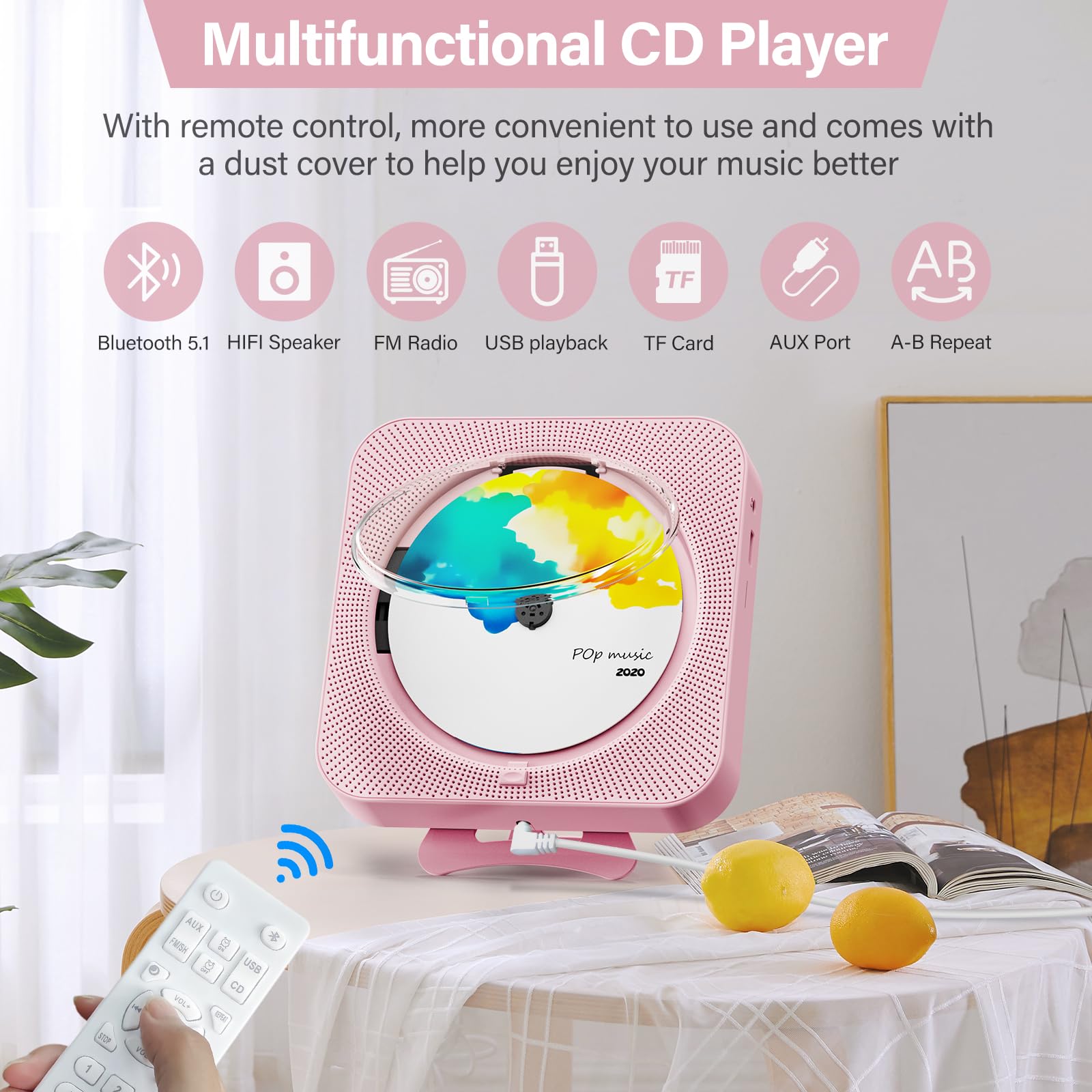 Portable Cd Player With Bluetooth, Desktop Cd Player With Speakers For Home Cd Music Players With Remote Control, Built In Led D