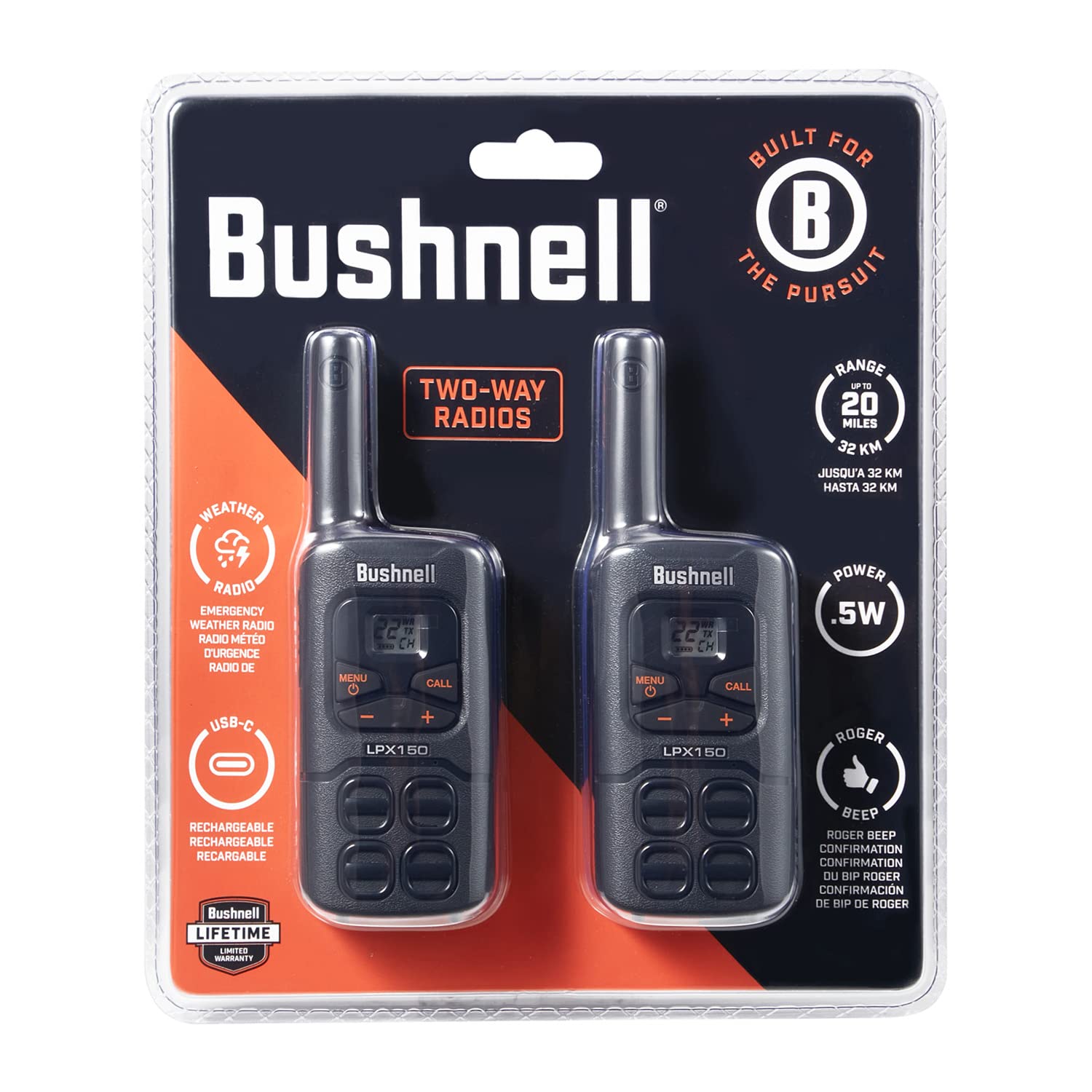 Bushnell Lpx150 Walkie Talkie Radio   Reliable Quality, Rugged Design, 0.5W Power For 20 Miles Of Range, Two Way Radios Equipped