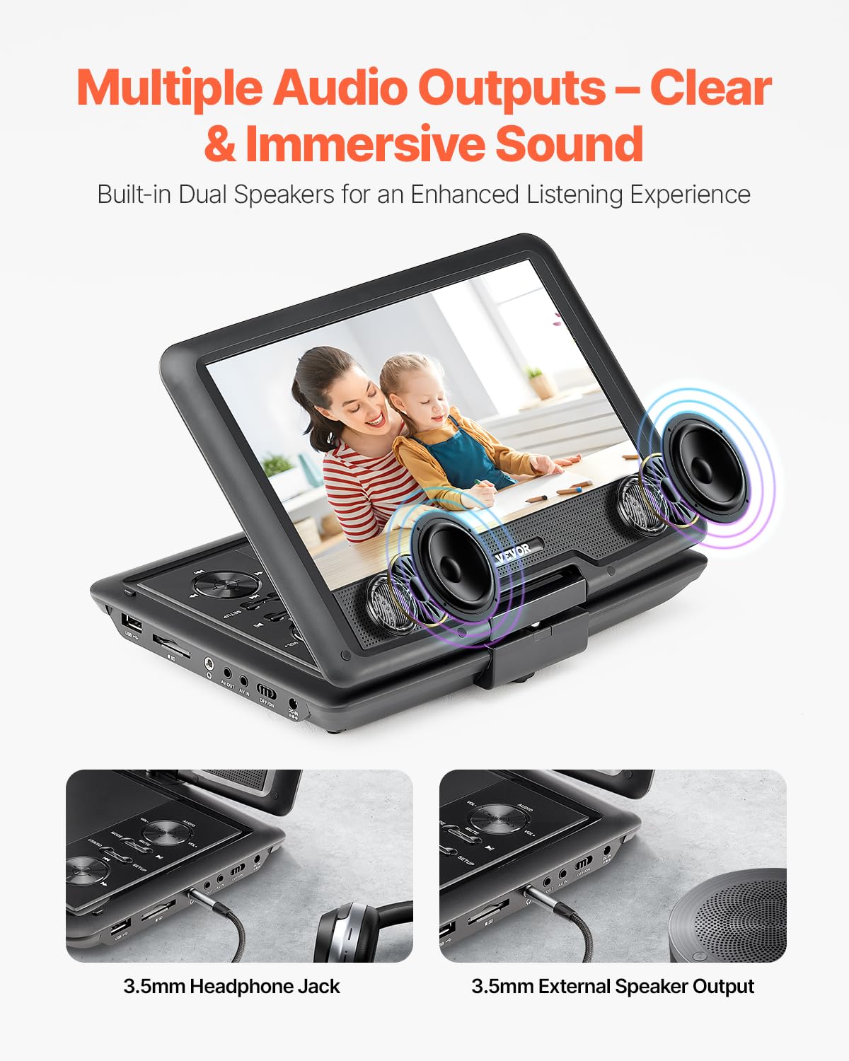 Vevor Portable Dvd Player, 10.1 Inch Hd Swivel Display Screen, 4 Hours Built-In Rechargeable Battery, Dual Speakers, Support Syn