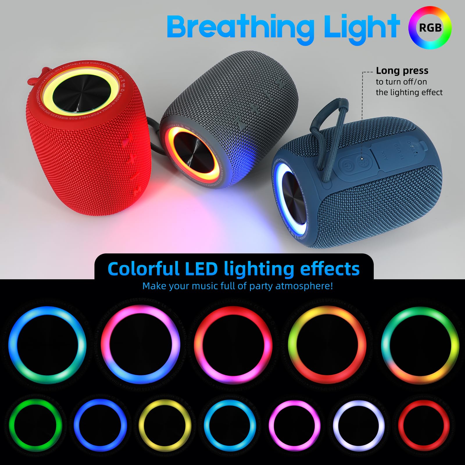 Portable Bluetooth Speaker, Bt5.3 Wireless Speaker 20W Bass Diaphragms With Multi Led Light Dynamic Modes, Ipx6 Waterproof 16H P