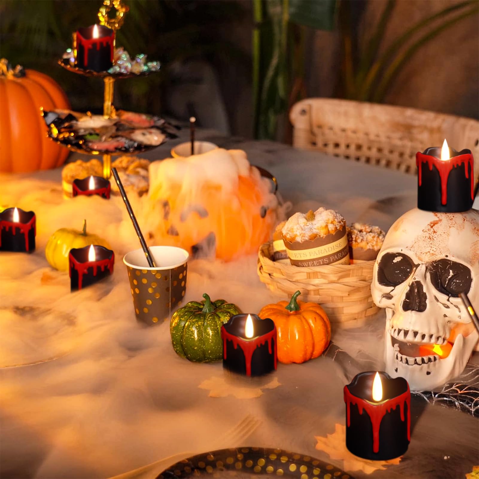 Kunswenn Halloween Black Votive Candles Battery Operated With Long Lasting Cr2450 Batteries, Led Flameless Flickering Tea Lights