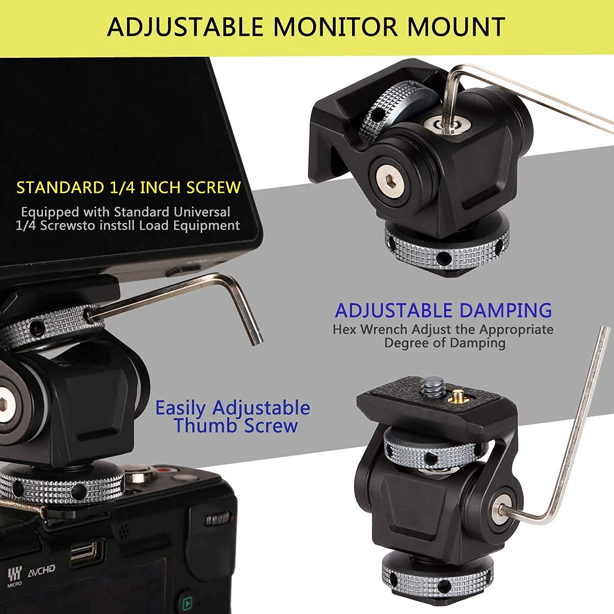 Dslr Camera Field Monitor Mount Holder With Cold Shoe For 5 Inch And 7 Inch Monitor, Swivel 360 And 180 Tilt For Video Shooting